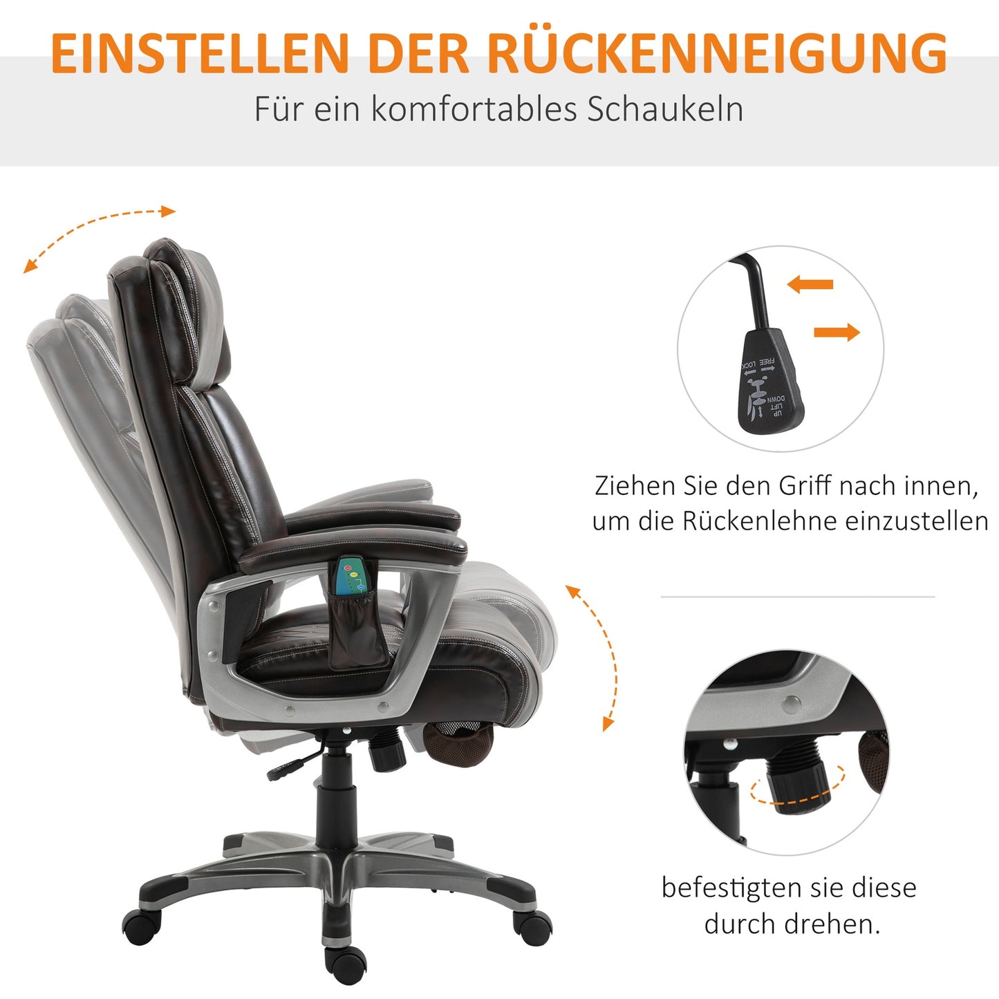 Ergonomic swivel office chair, 6-point massage, brown leather
