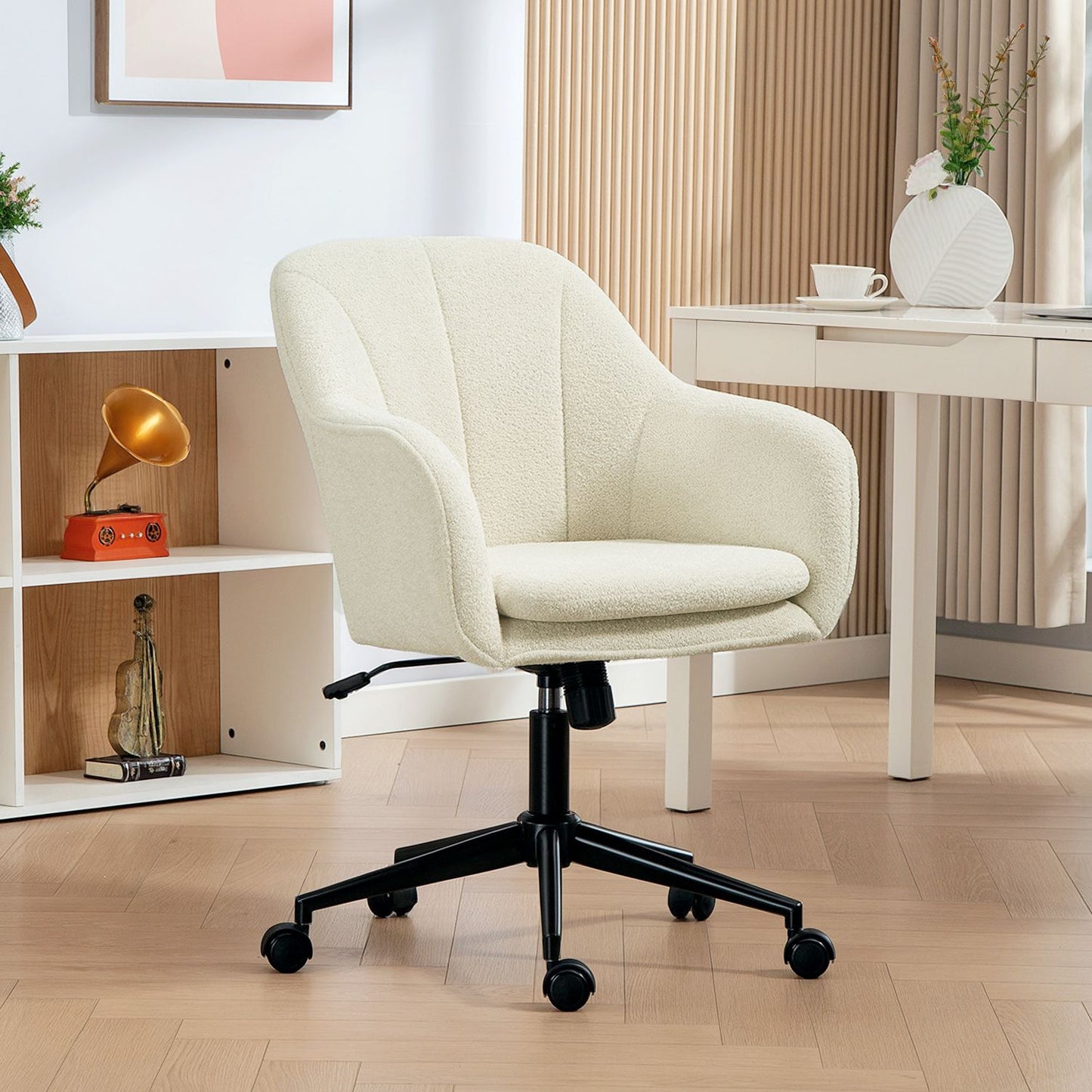 Office Chair, Velvet-Look Fabric, Curved Back, Beige
