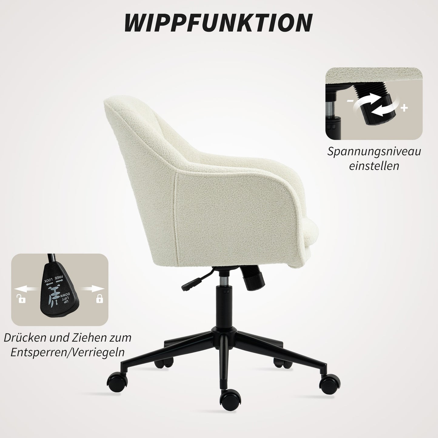 Office Chair, Velvet-Look Fabric, Curved Back, Beige
