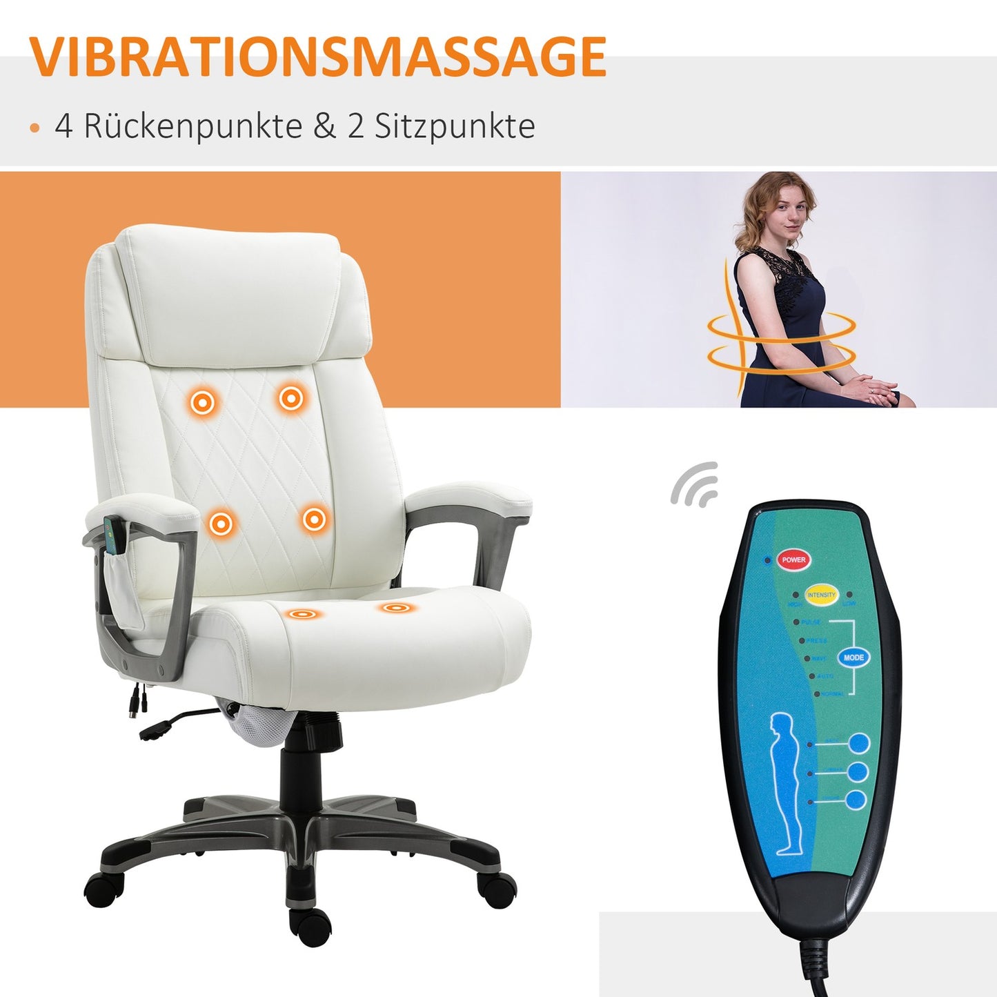 Ergonomic swivel office chair, massage, synthetic leather, white