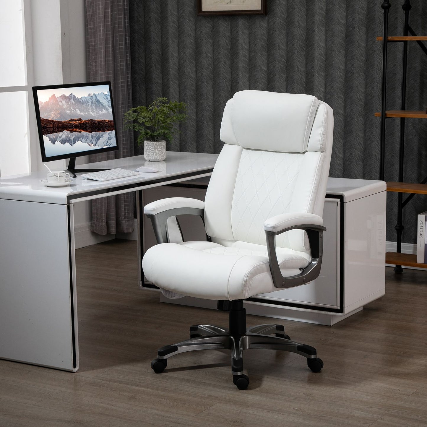 Ergonomic swivel office chair, massage, synthetic leather, white