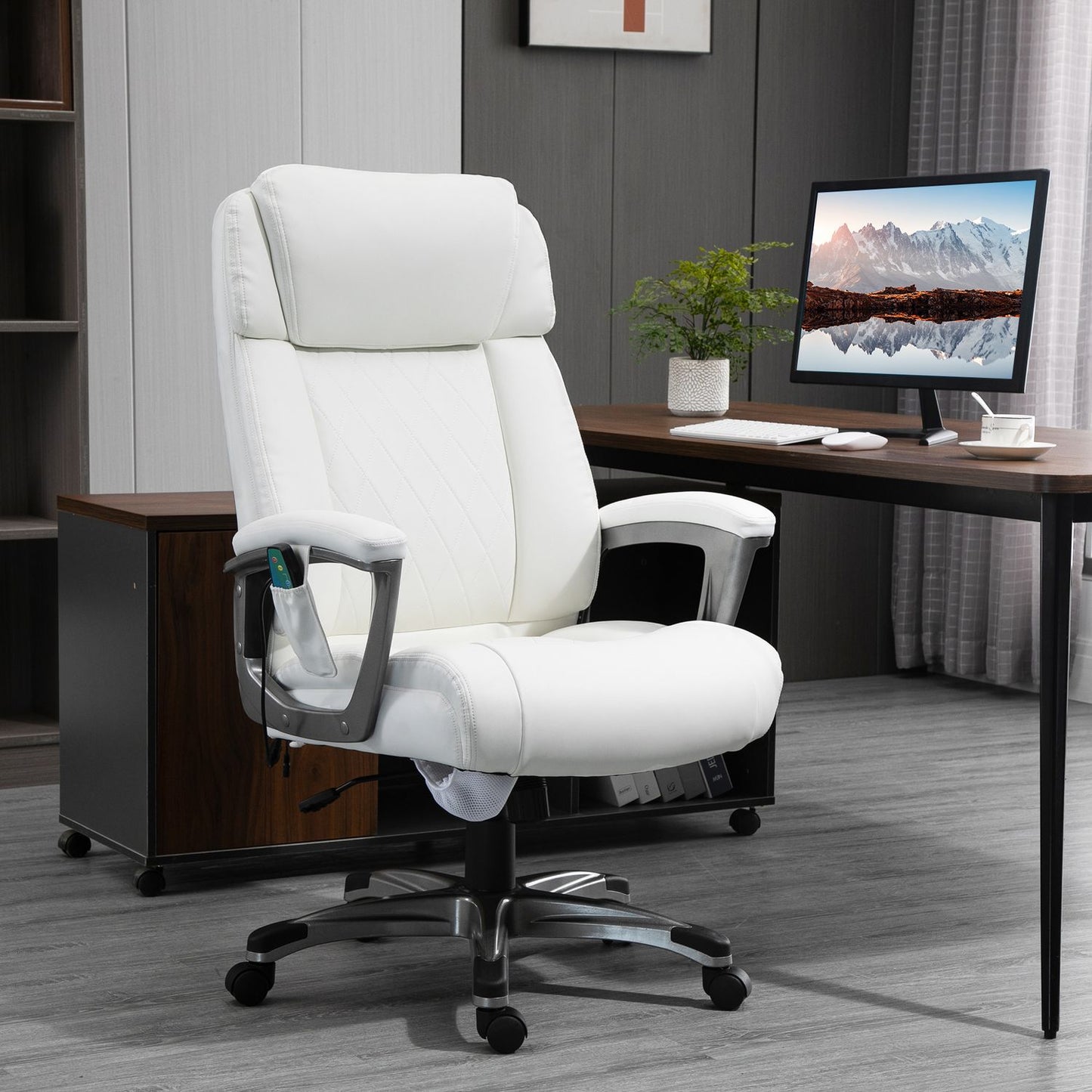 Ergonomic swivel office chair, massage, synthetic leather, white