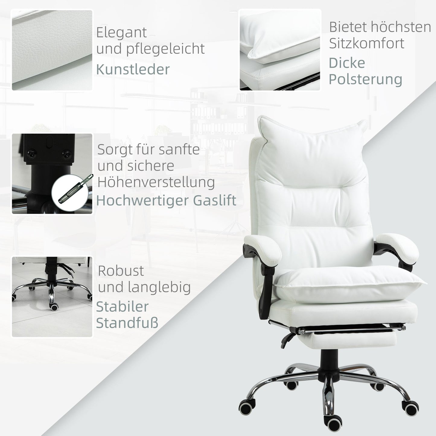 White artificial leather office chair with footrest, adjustable height