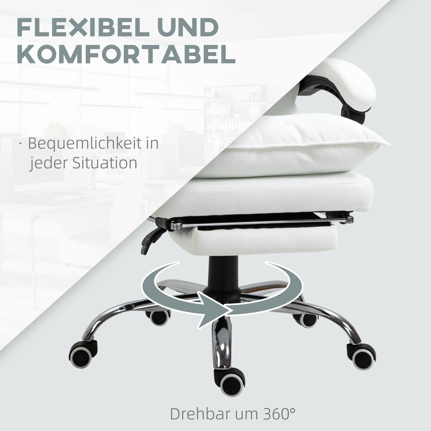 White artificial leather office chair with footrest, adjustable height