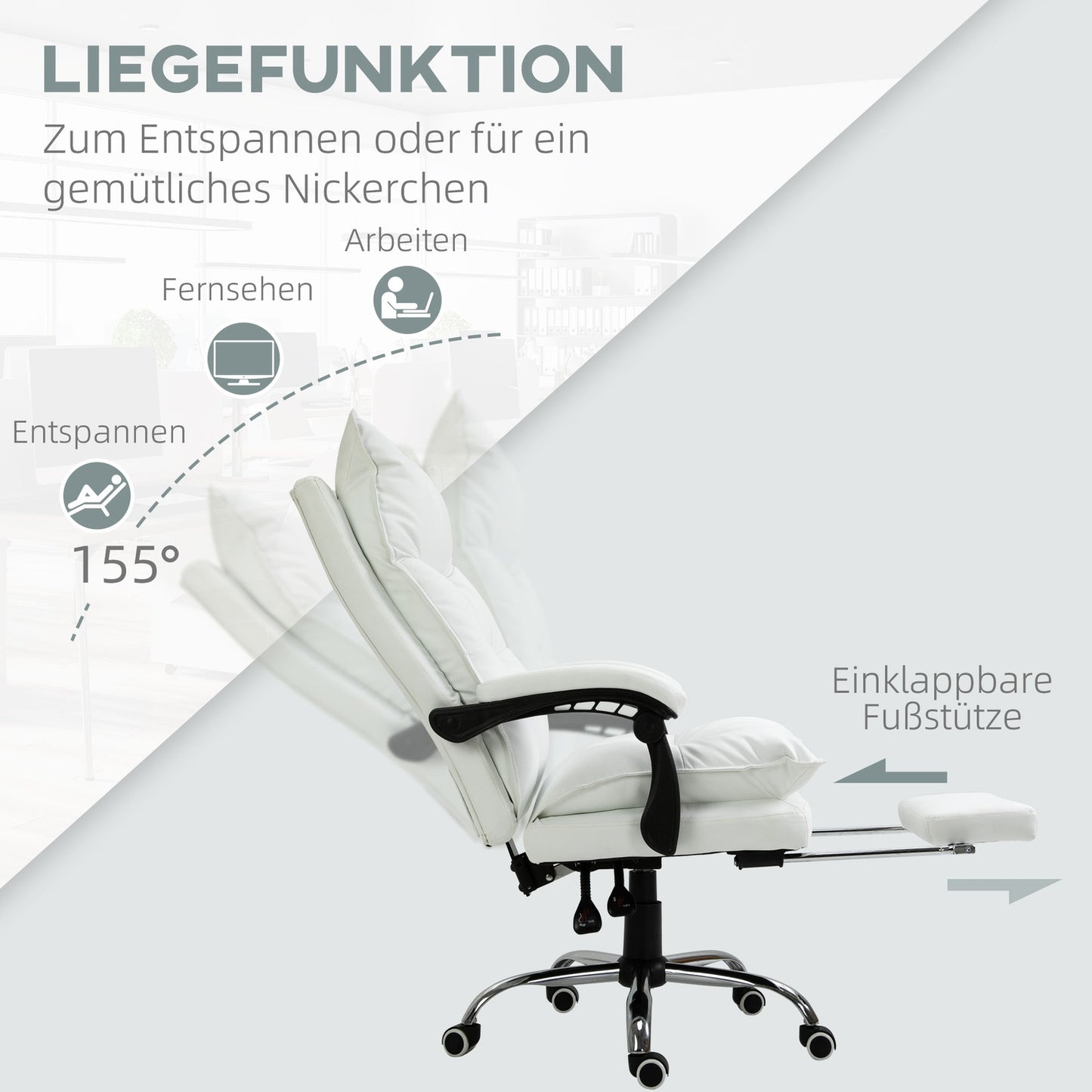 White artificial leather office chair with footrest, adjustable height