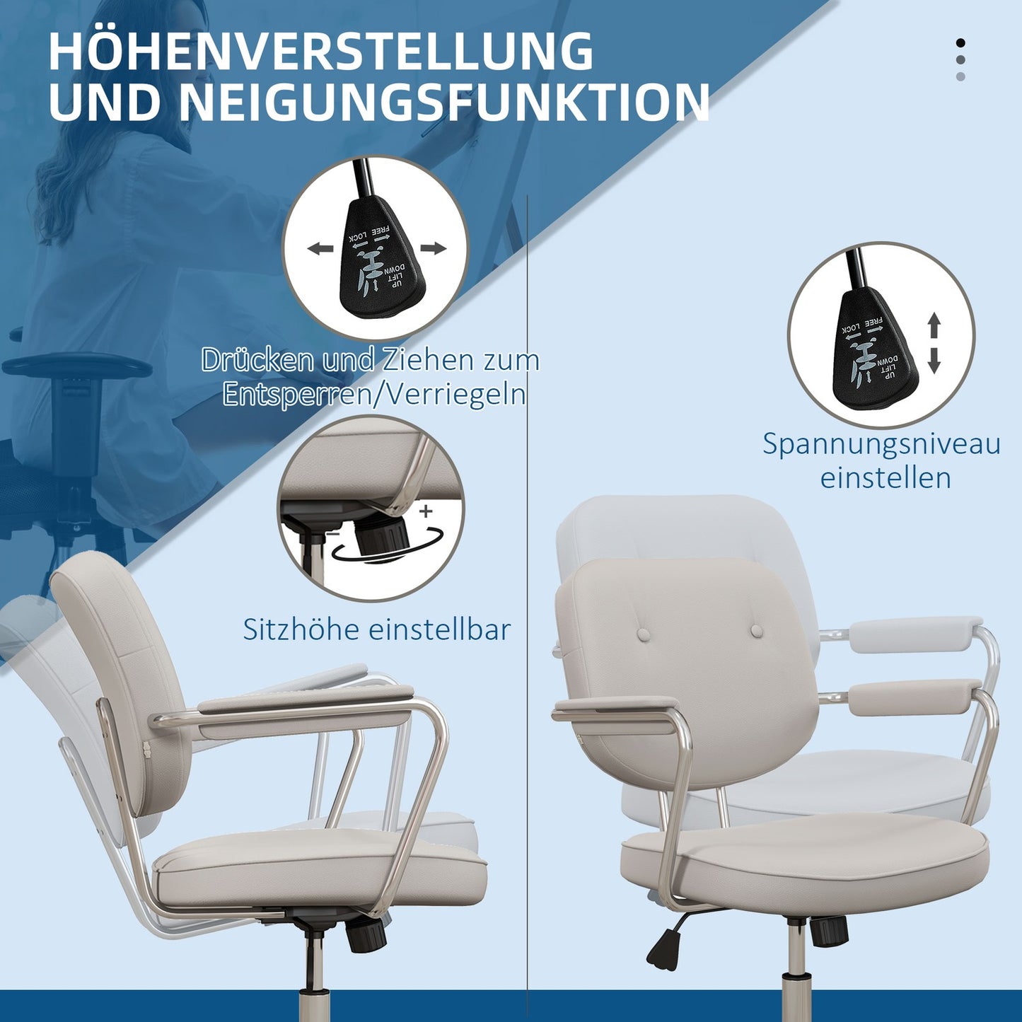Beige office chair, rocking, artificial leather, swivel, 120 kg load