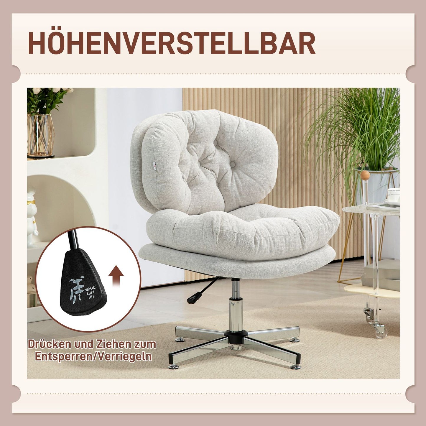 Office Chair Without Armrests, Adjustable Height, Cream White