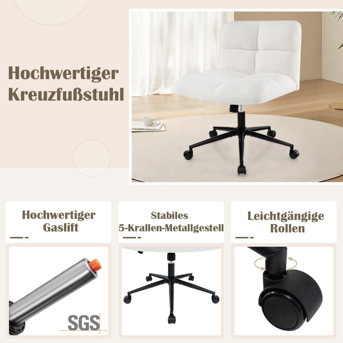 Office Chair Without Armrests, Wide Seat, 160kg Capacity, Beige