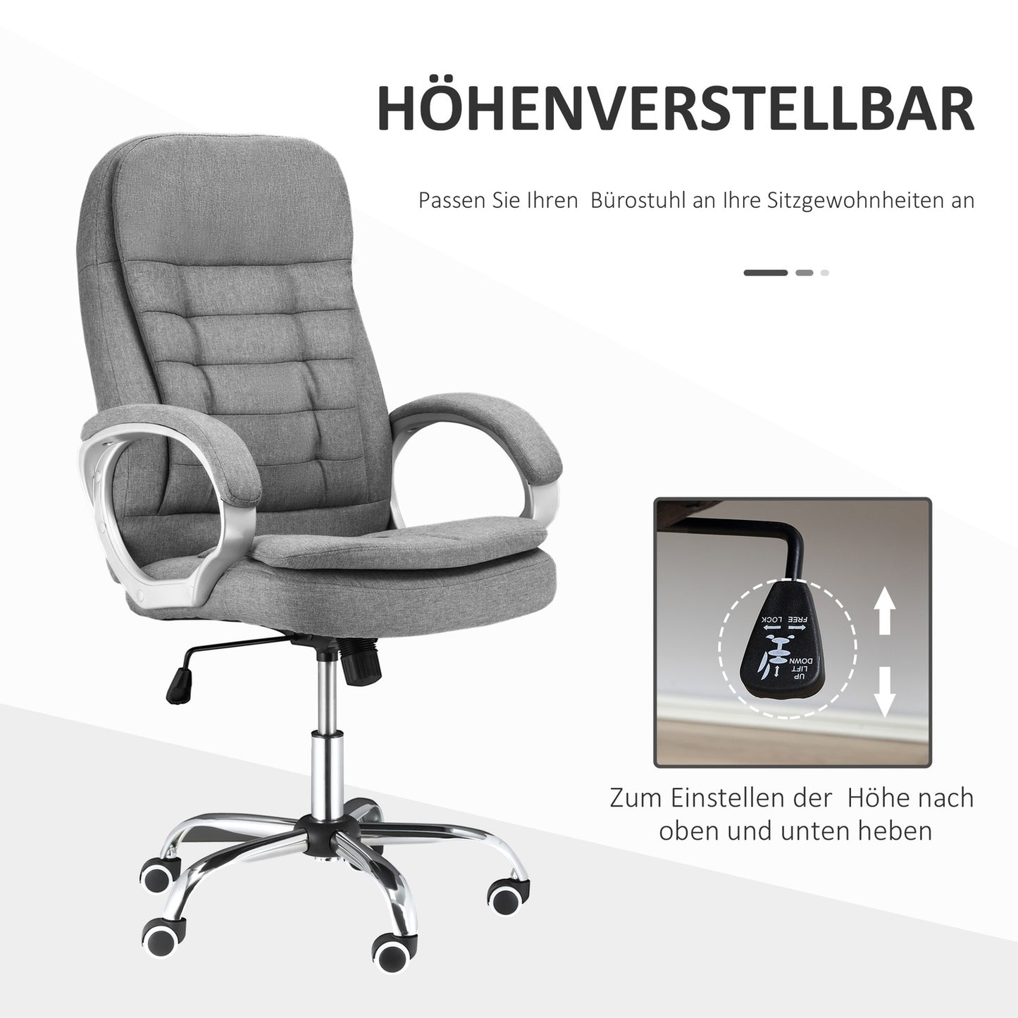 Ergonomic office chair in gray linen with rocker, adjustable height