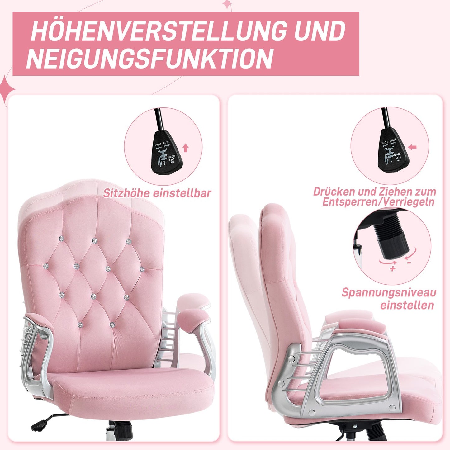 Ergonomic pink office chair for women, height adjustable