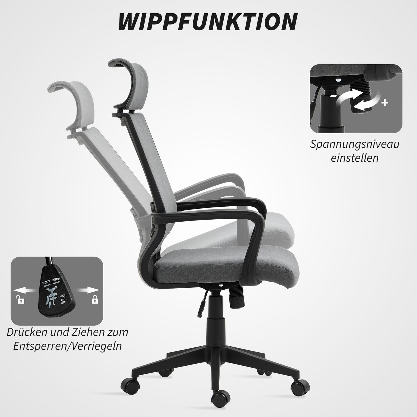 Office Chair with Adjustable Height, Wheels, Armrests, Grey