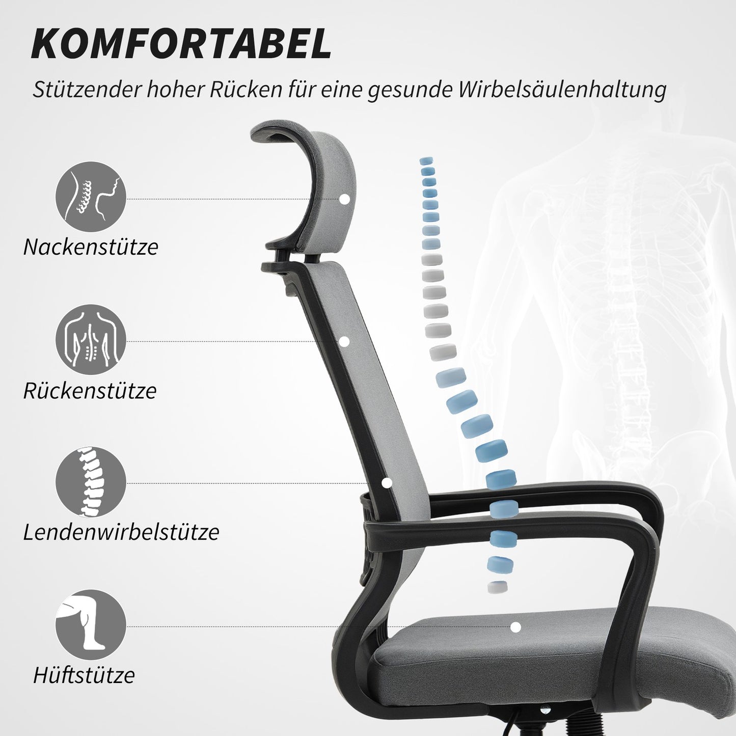 Office Chair with Adjustable Height, Wheels, Armrests, Grey