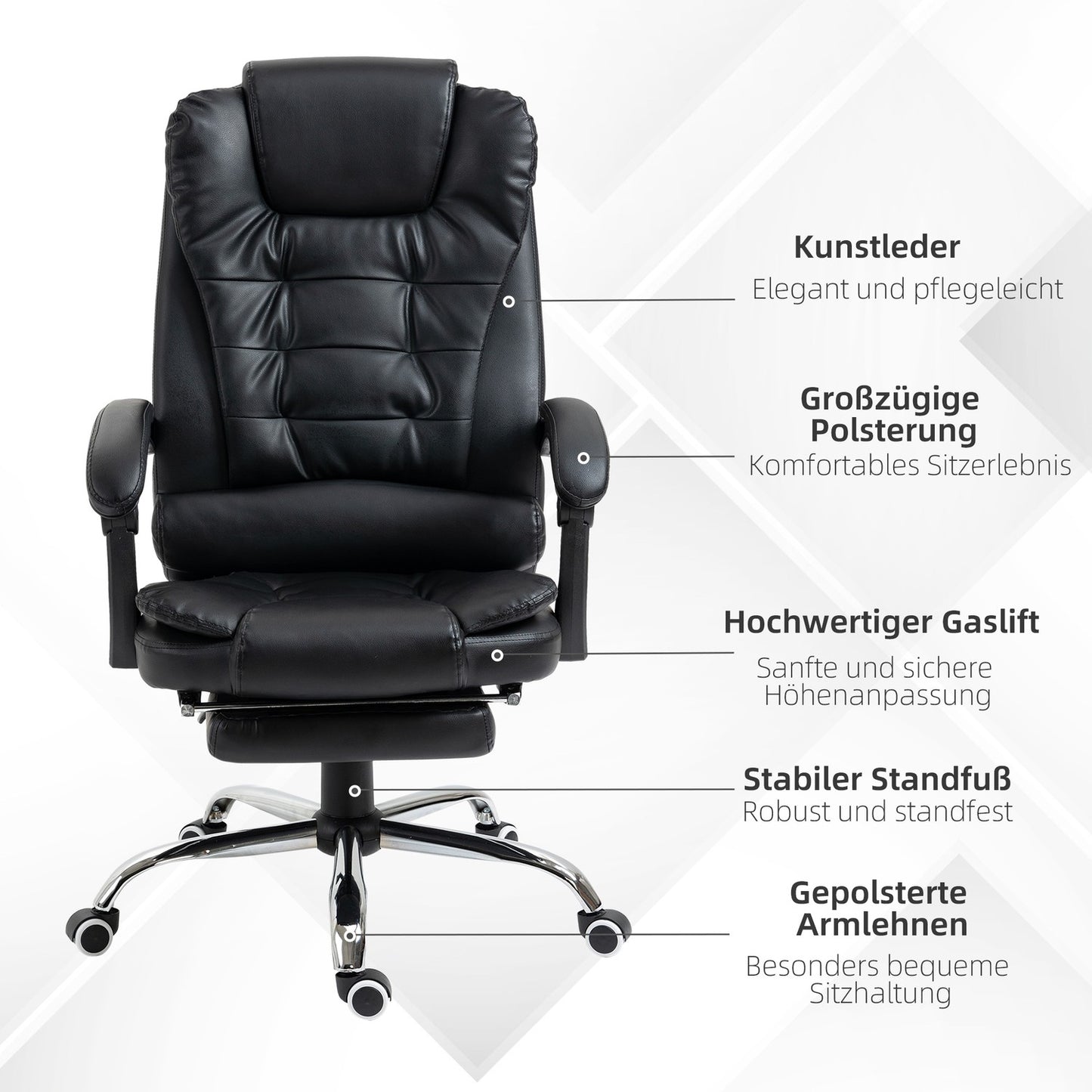 Office Chair with Footrest, Adjustable Backrest, Black