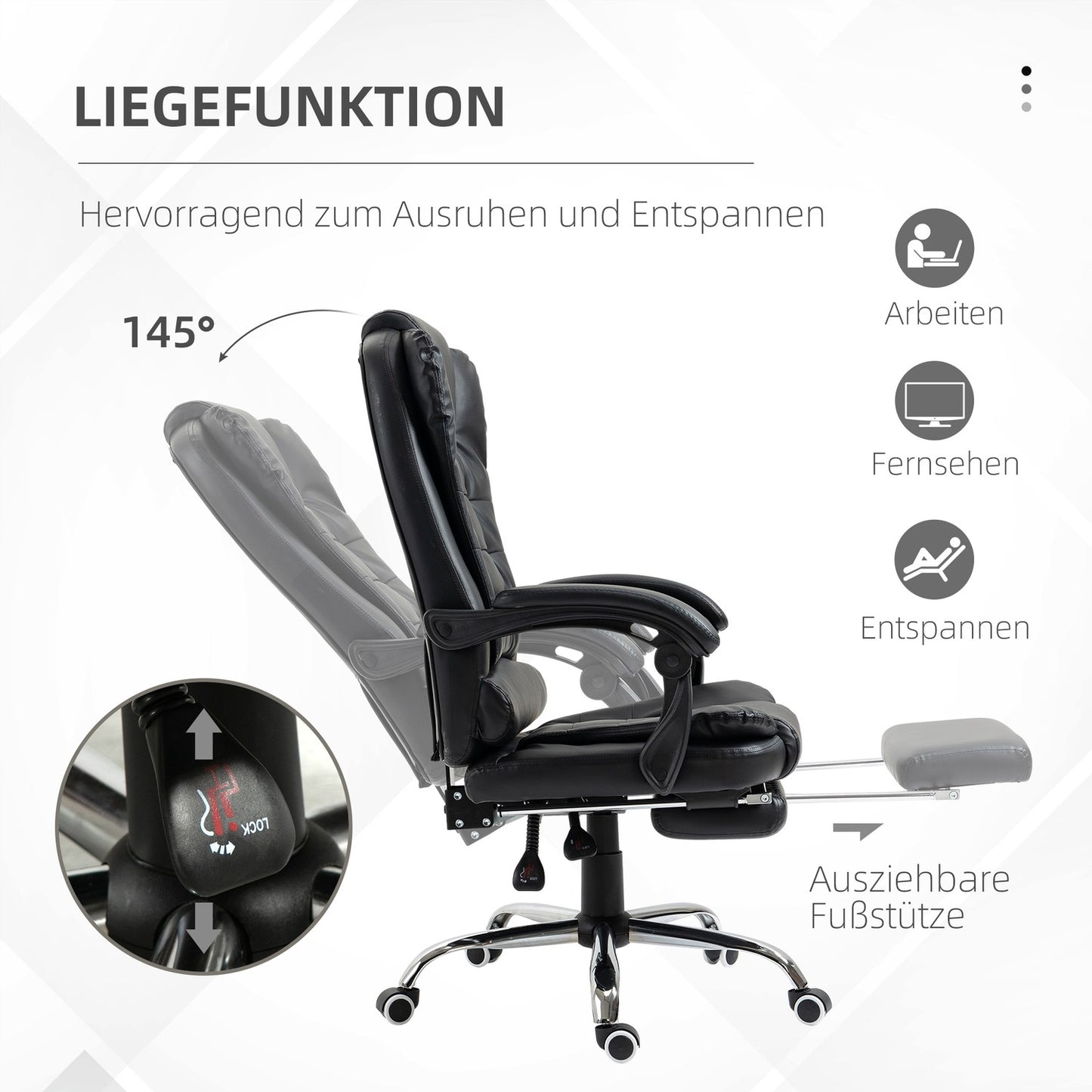 Office Chair with Footrest, Adjustable Backrest, Black