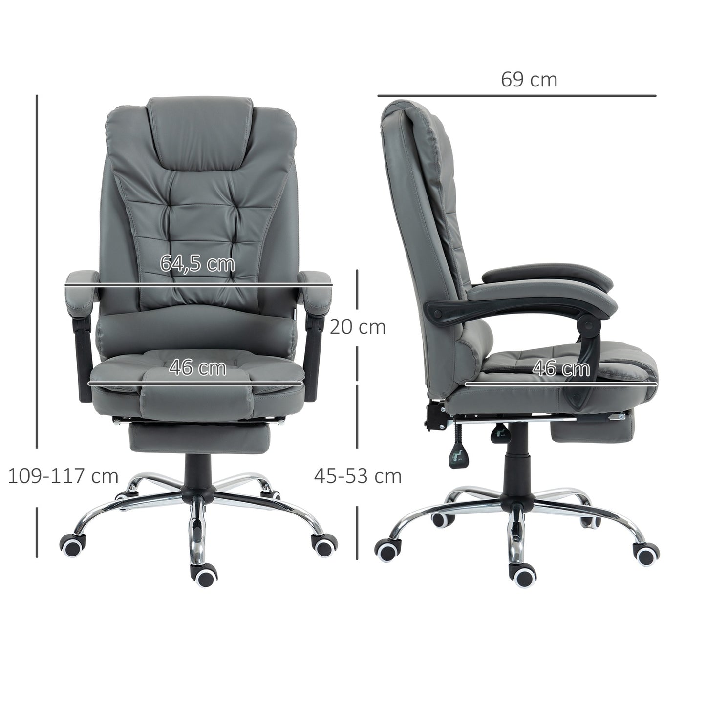 Office Chair with Footrest, Adjustable Backrest, Grey