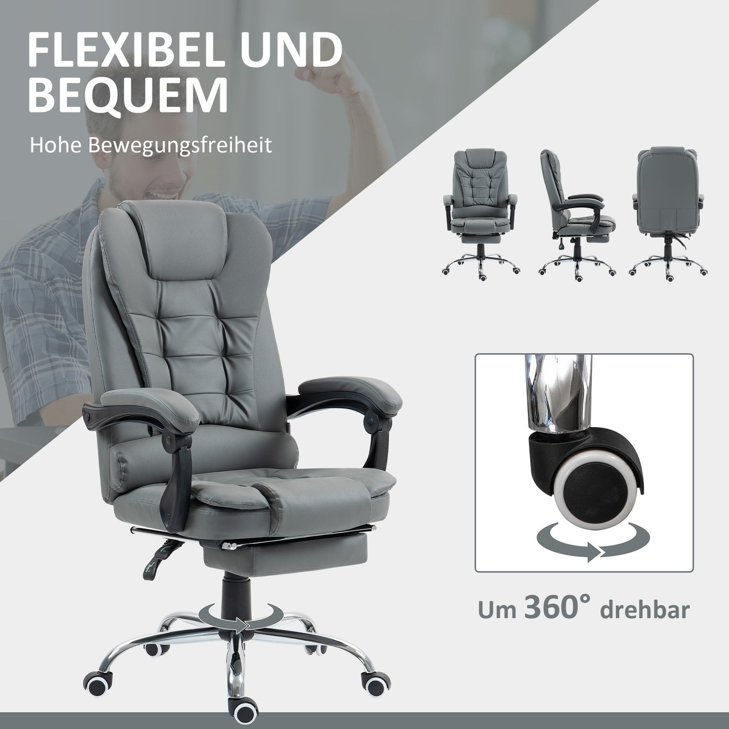 Office Chair with Footrest, Adjustable Backrest, Grey