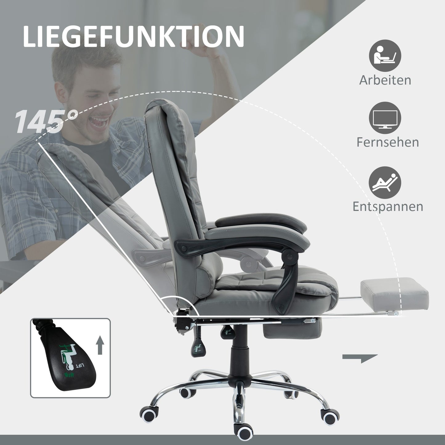 Office Chair with Footrest, Adjustable Backrest, Grey