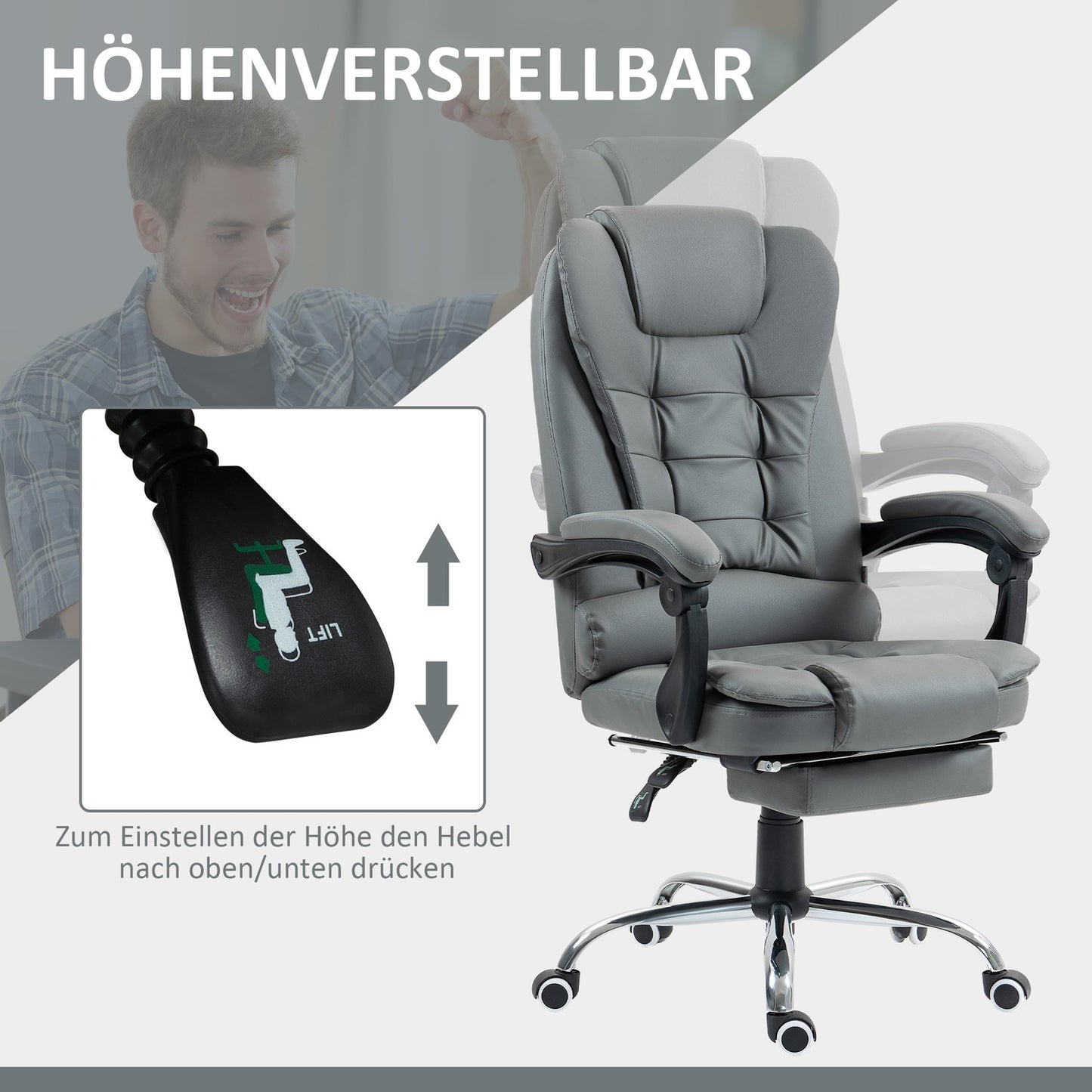 Office Chair with Footrest, Adjustable Backrest, Grey