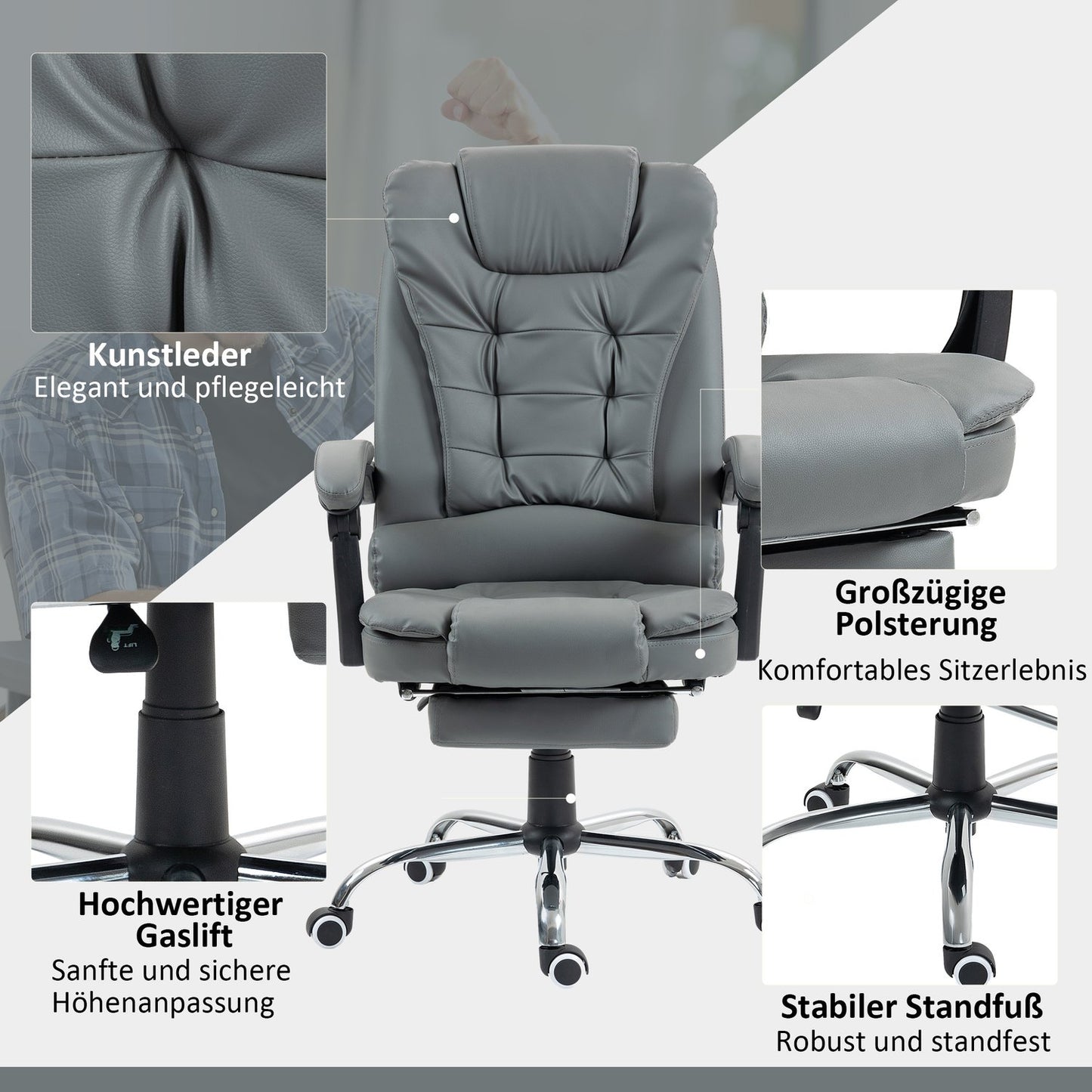 Office Chair with Footrest, Adjustable Backrest, Grey