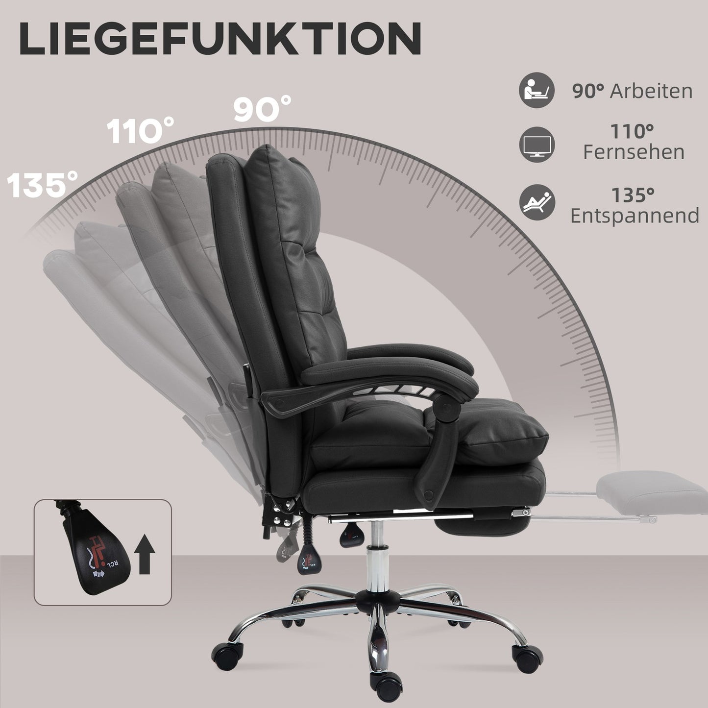 Office Chair with Massage, Heat, Recline, Black, 65x72x109-117cm