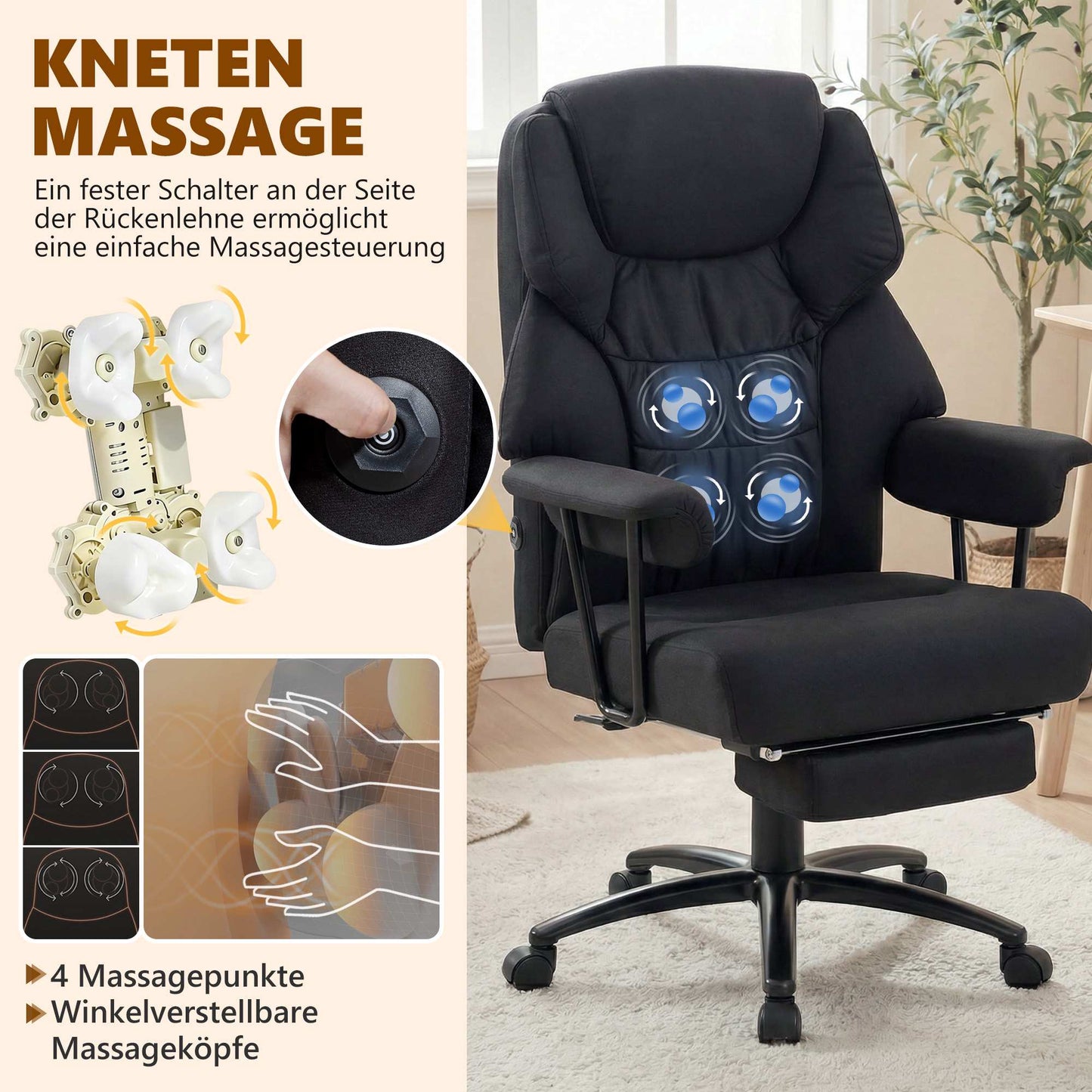 Office Chair with Massage, Recline & Footrest, Black Leather