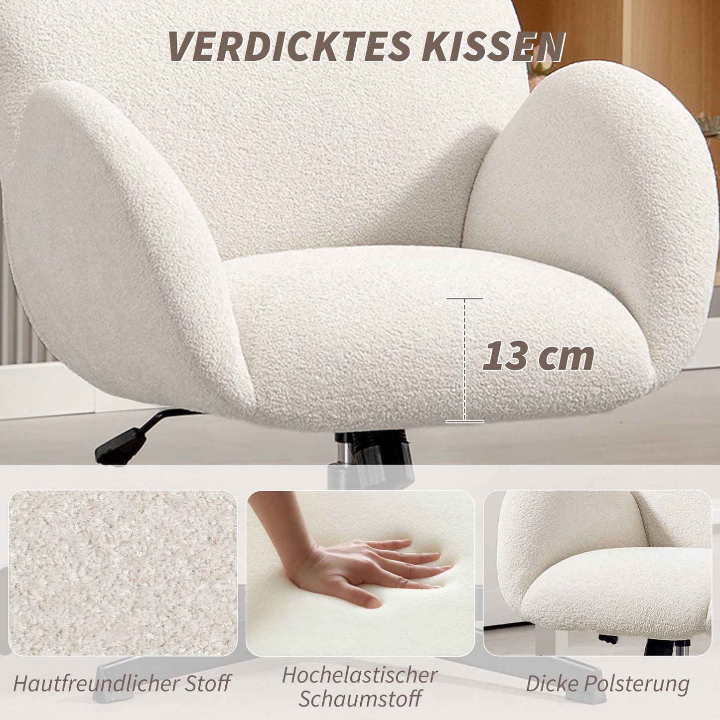 Office Chair with Velvet-Look Fabric, Adjustable, Cream White