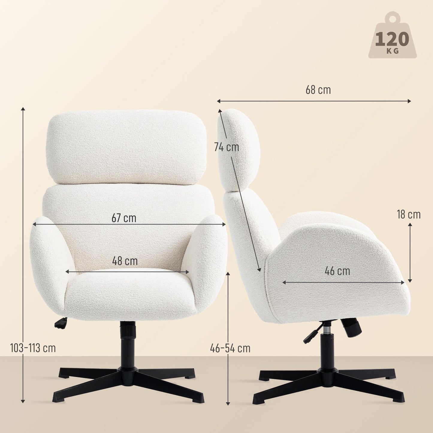 Office Chair with Velvet-Look Fabric, Adjustable, Cream White