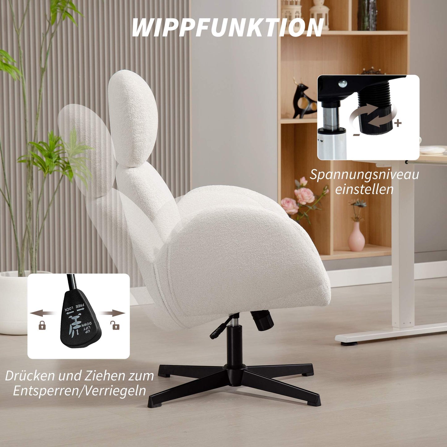 Office Chair with Velvet-Look Fabric, Adjustable, Cream White