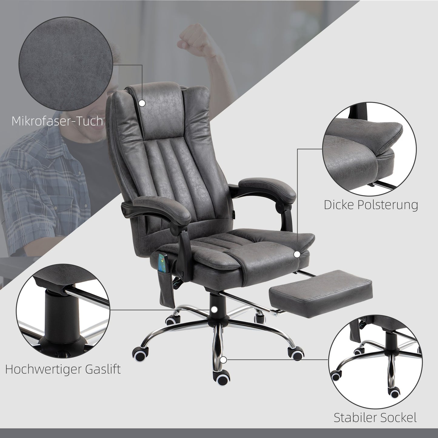 Ergonomic Gray Office Chair, Massage & Heat, Adjustable Height