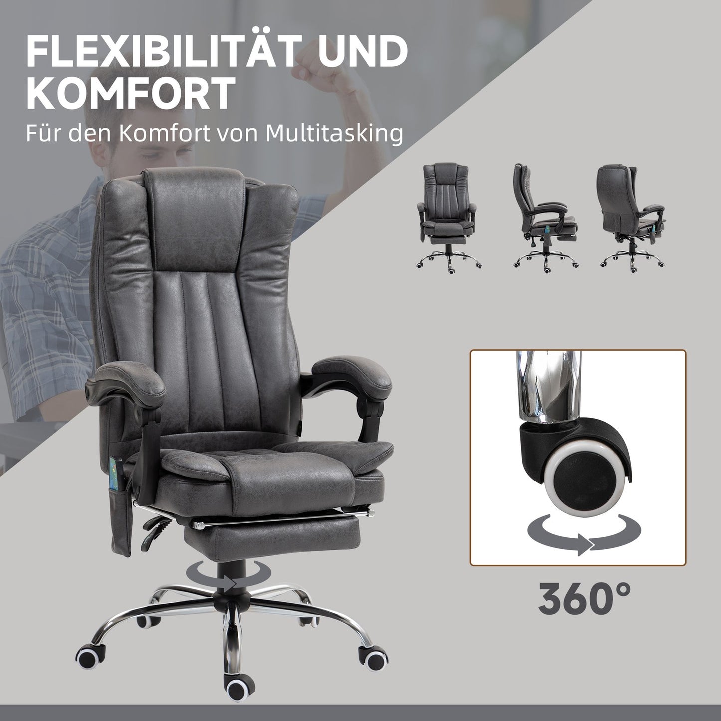 Ergonomic Gray Office Chair, Massage & Heat, Adjustable Height