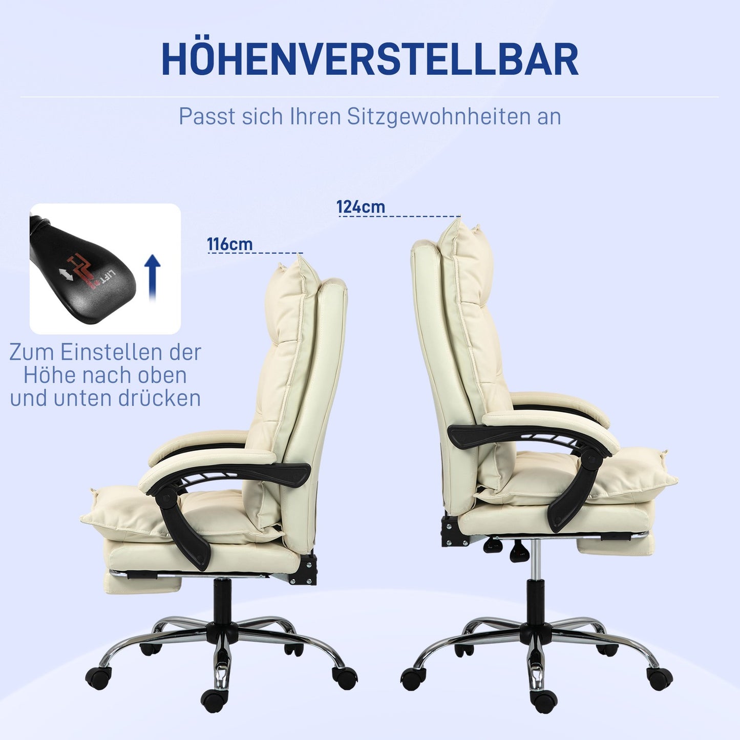Ergonomic office chair, height adjustable, 155° tilt, beige