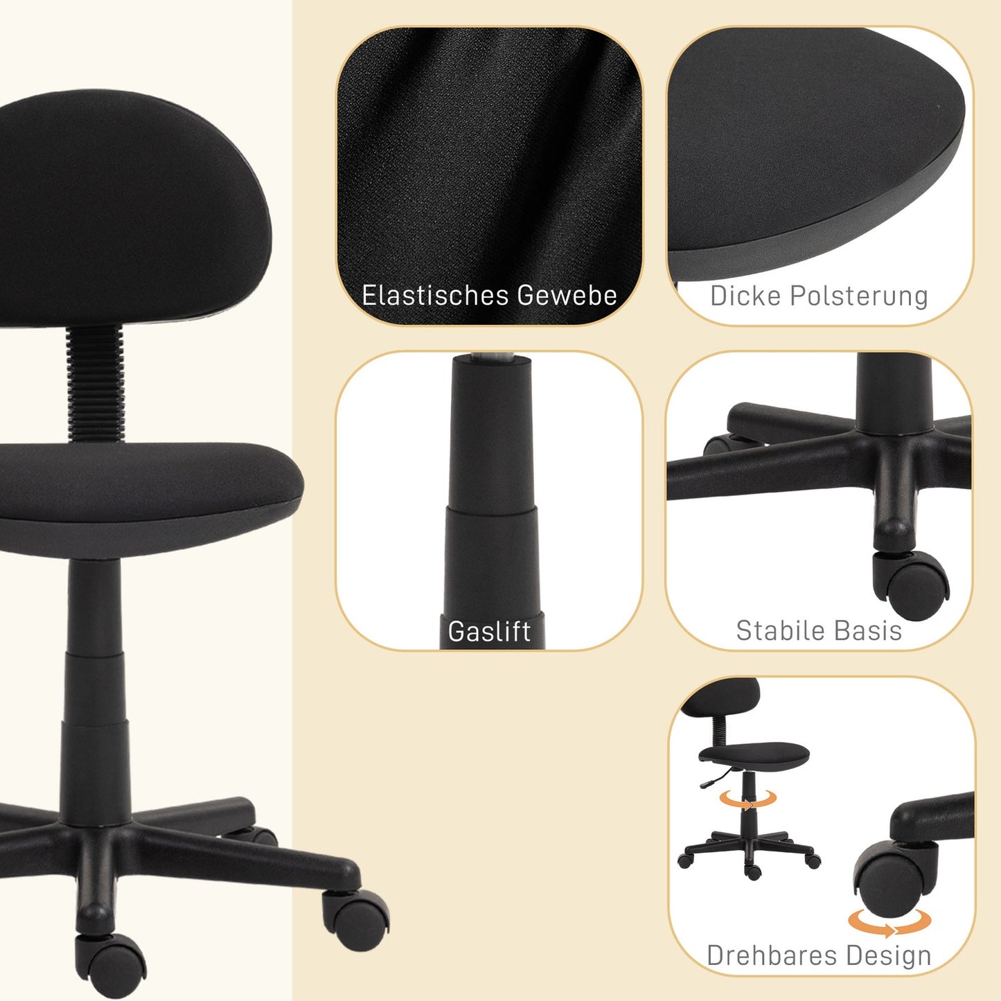 Office Chair, Low Back, Armless, Swivel, Black