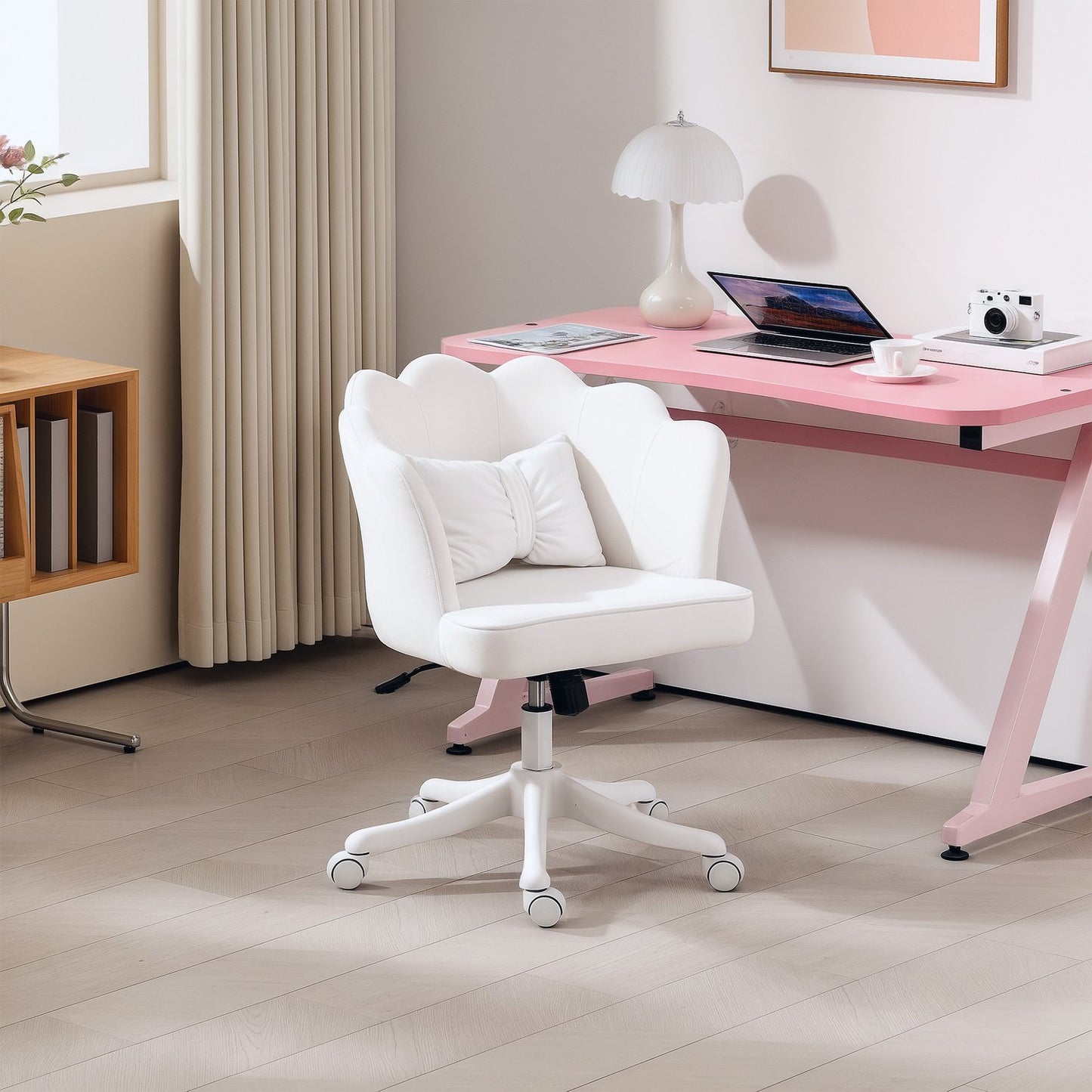 White Velvet-Look Swivel Office Chair with armrests