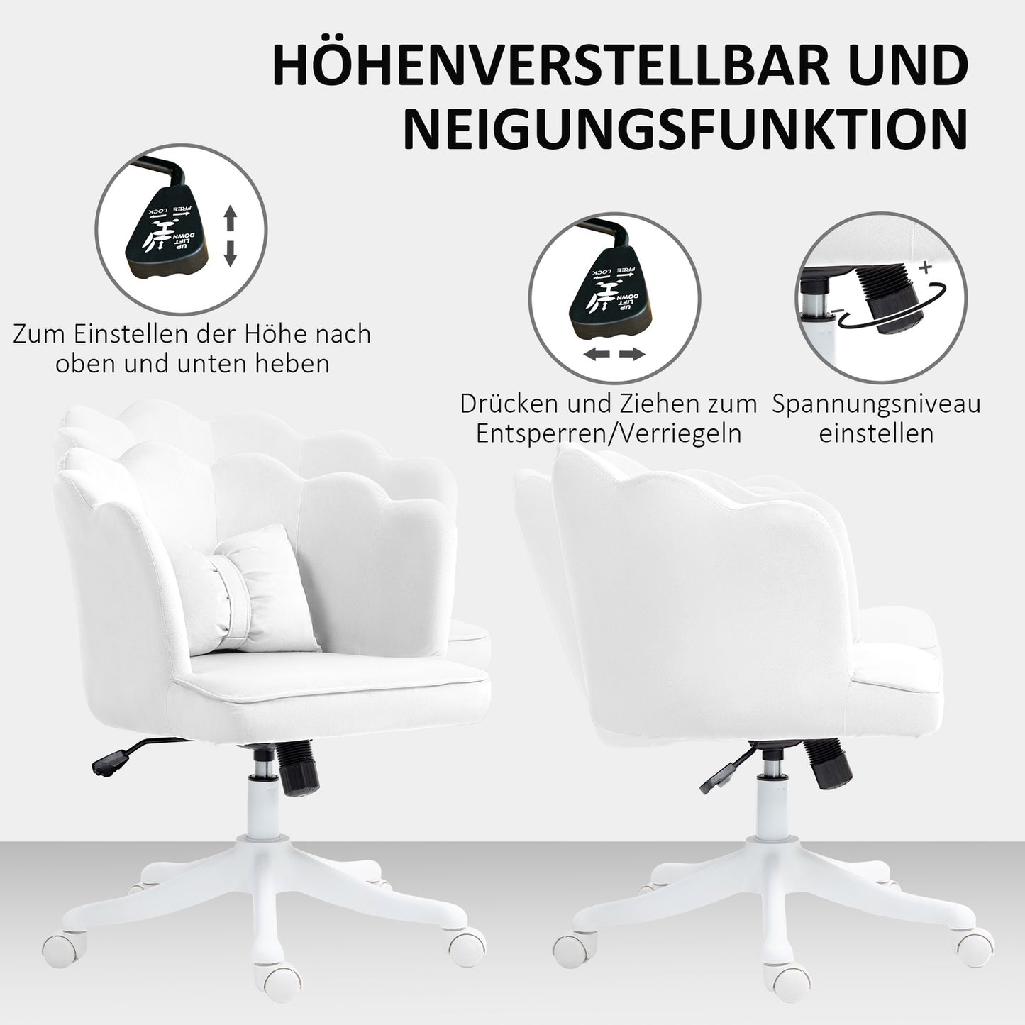 White Velvet-Look Swivel Office Chair with armrests