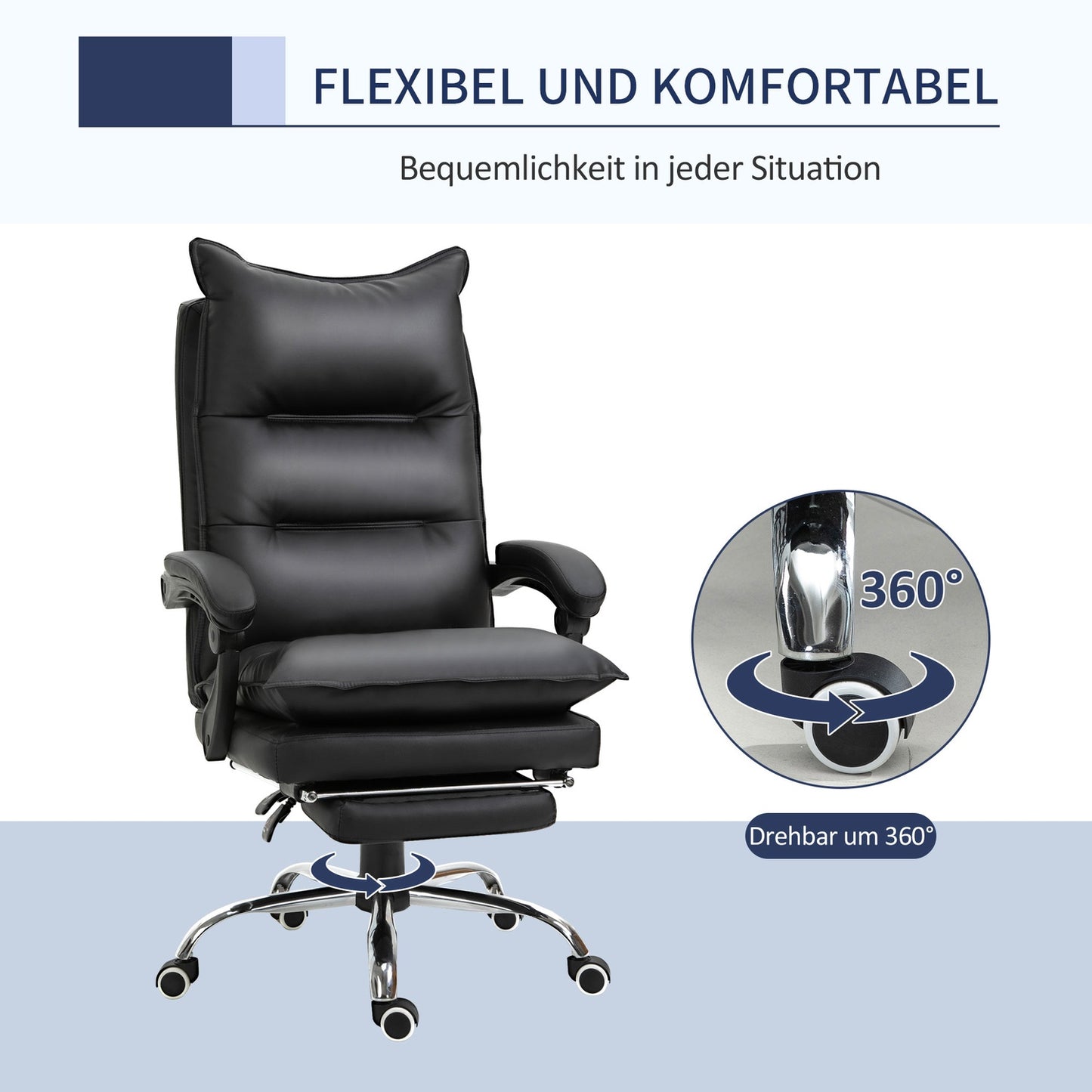 Black office chair in synthetic leather with adjustable footrest