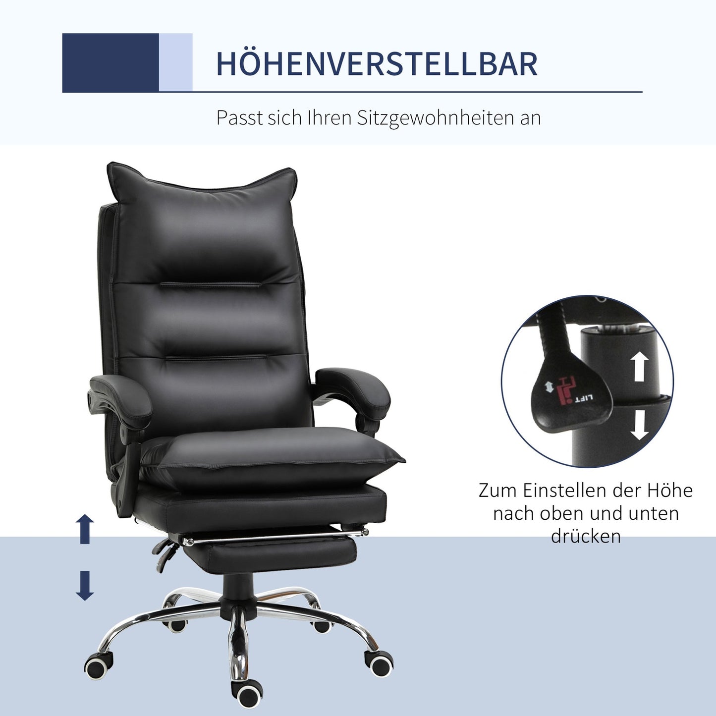 Black office chair in synthetic leather with adjustable footrest