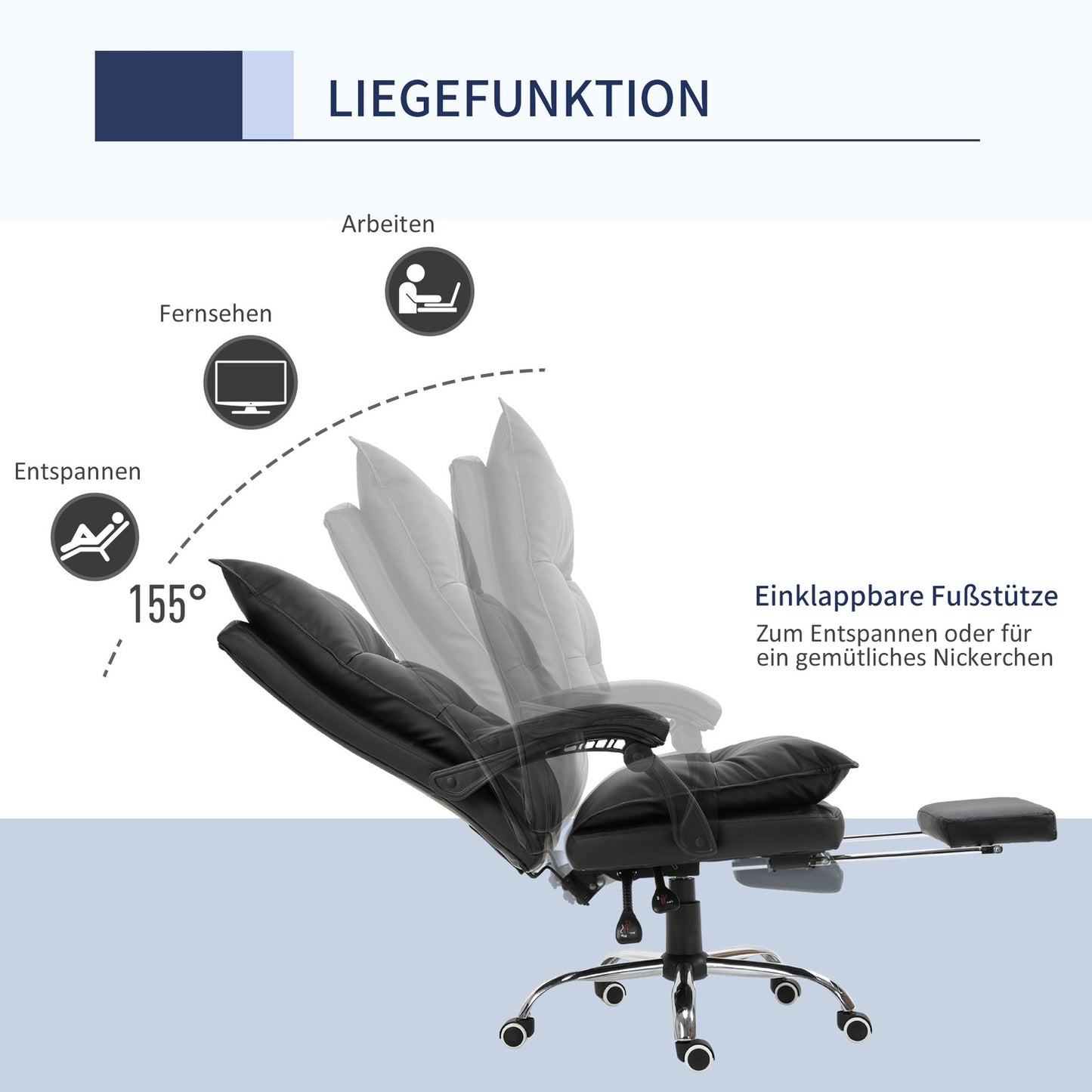 Black office chair in synthetic leather with adjustable footrest