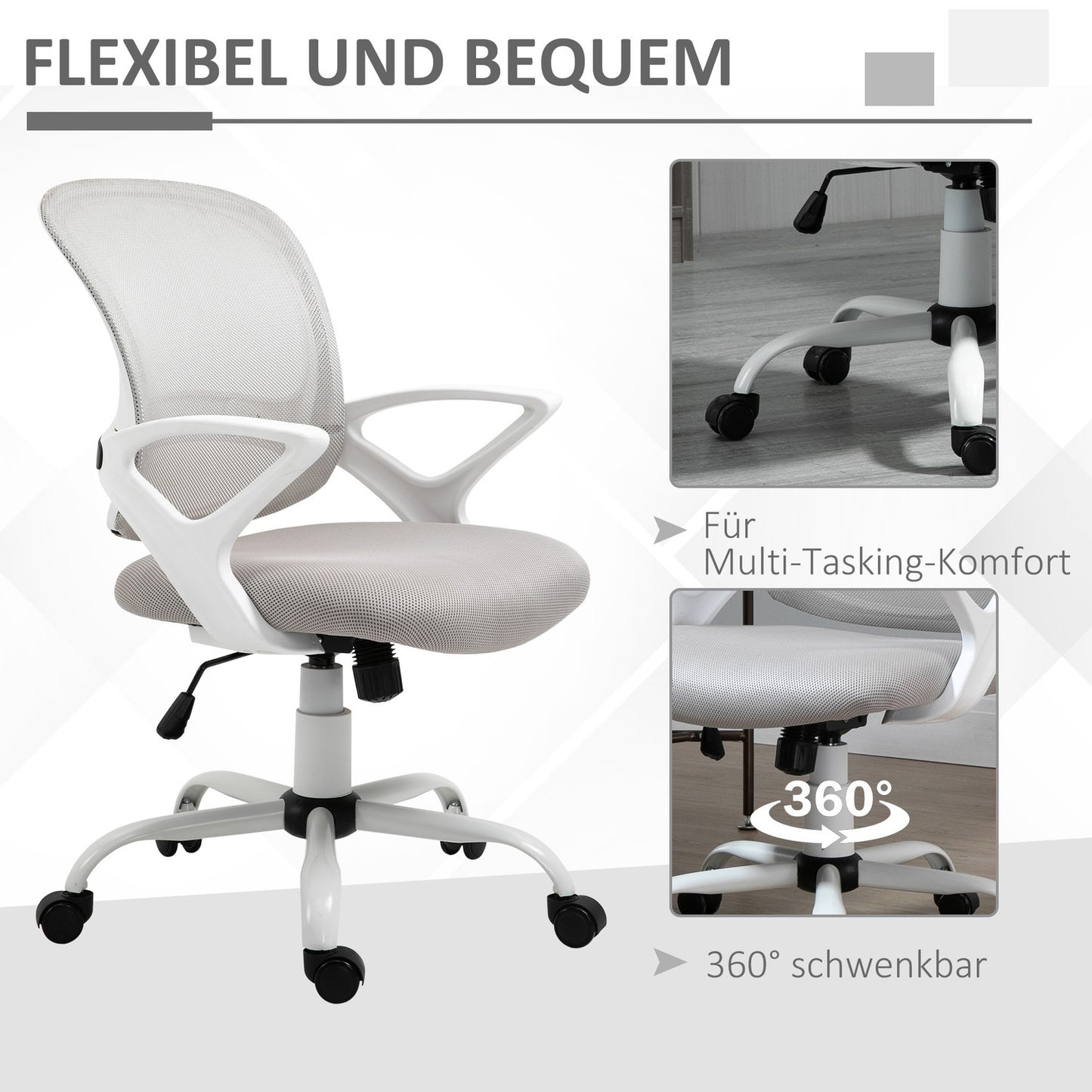 Office chair, desk chair with wheels, ergonomic, height-adjustable, grey