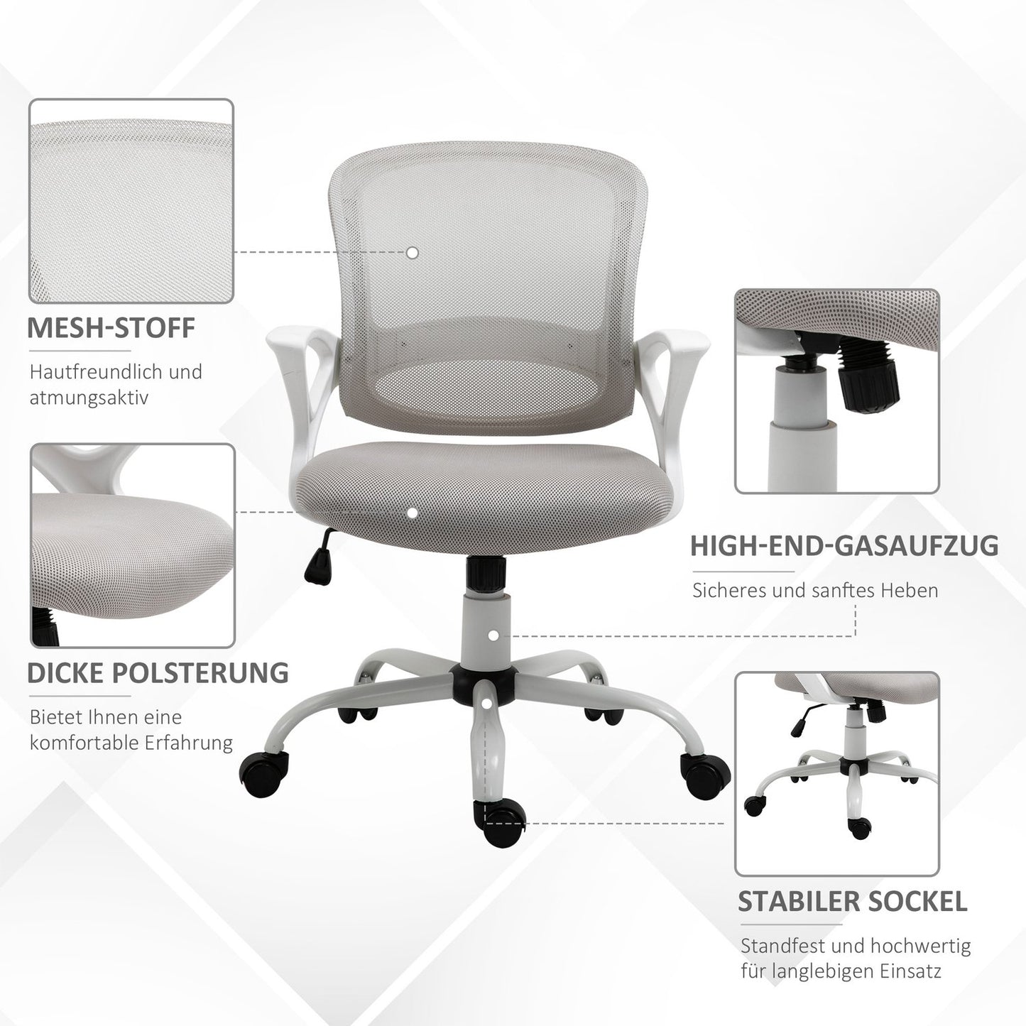 Office chair, desk chair with wheels, ergonomic, height-adjustable, grey