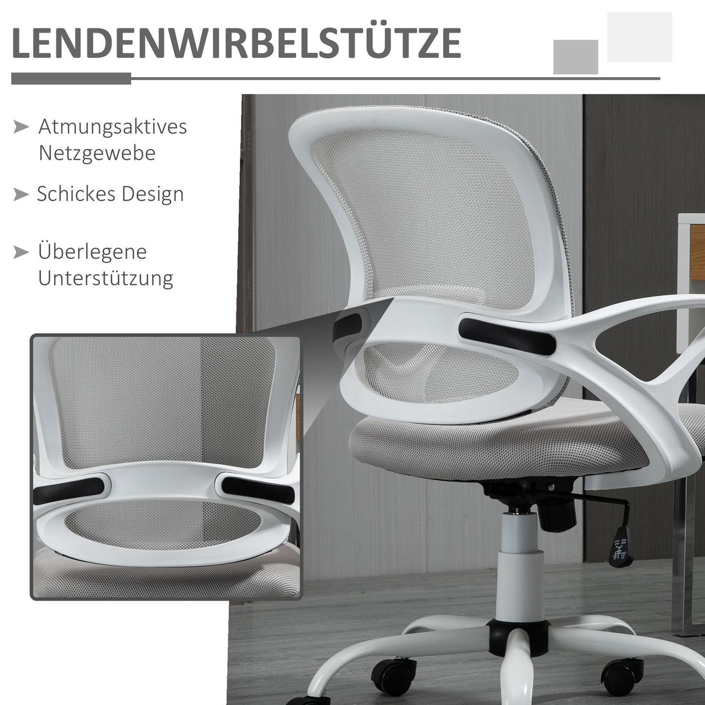 Office chair, desk chair with wheels, ergonomic, height-adjustable, grey