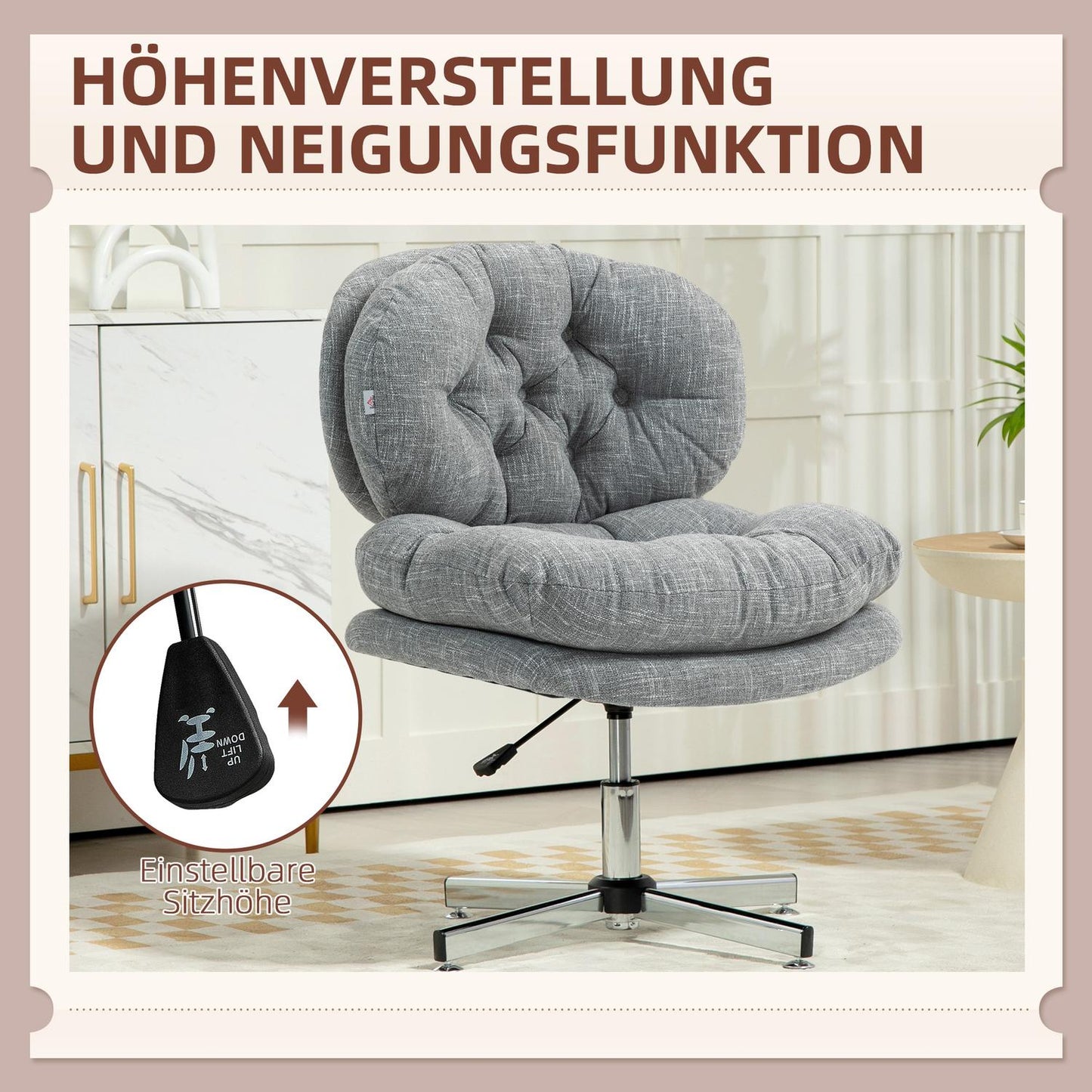 Ergonomic office chair, height adjustable, gray linen