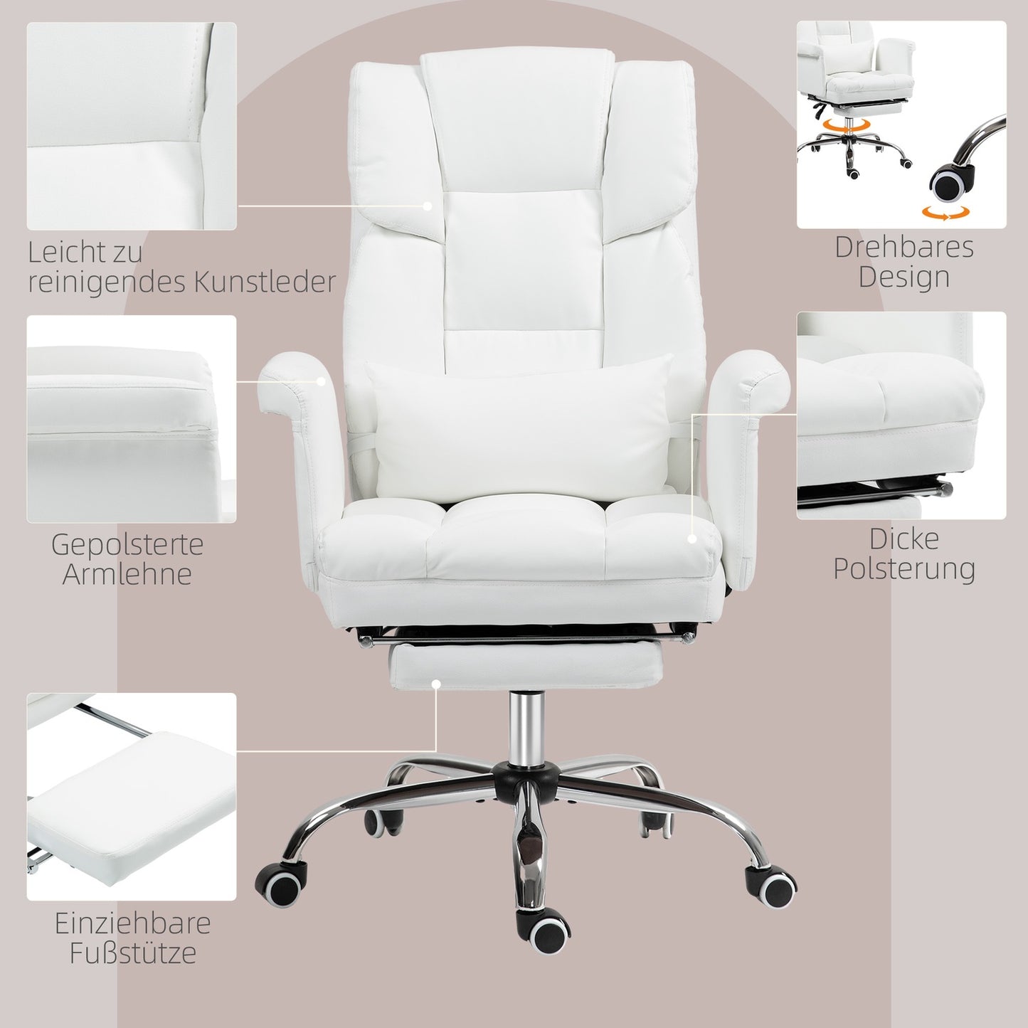 Ergonomic white office chair, reclining & swivel, lumbar support