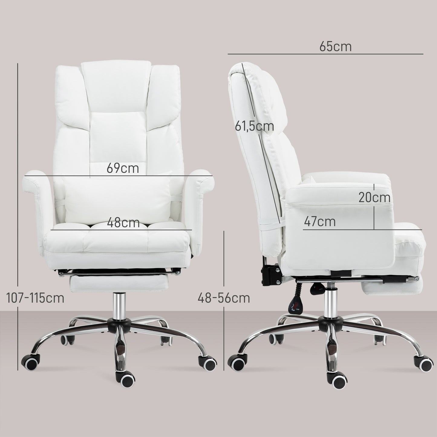 Ergonomic white office chair, reclining & swivel, lumbar support