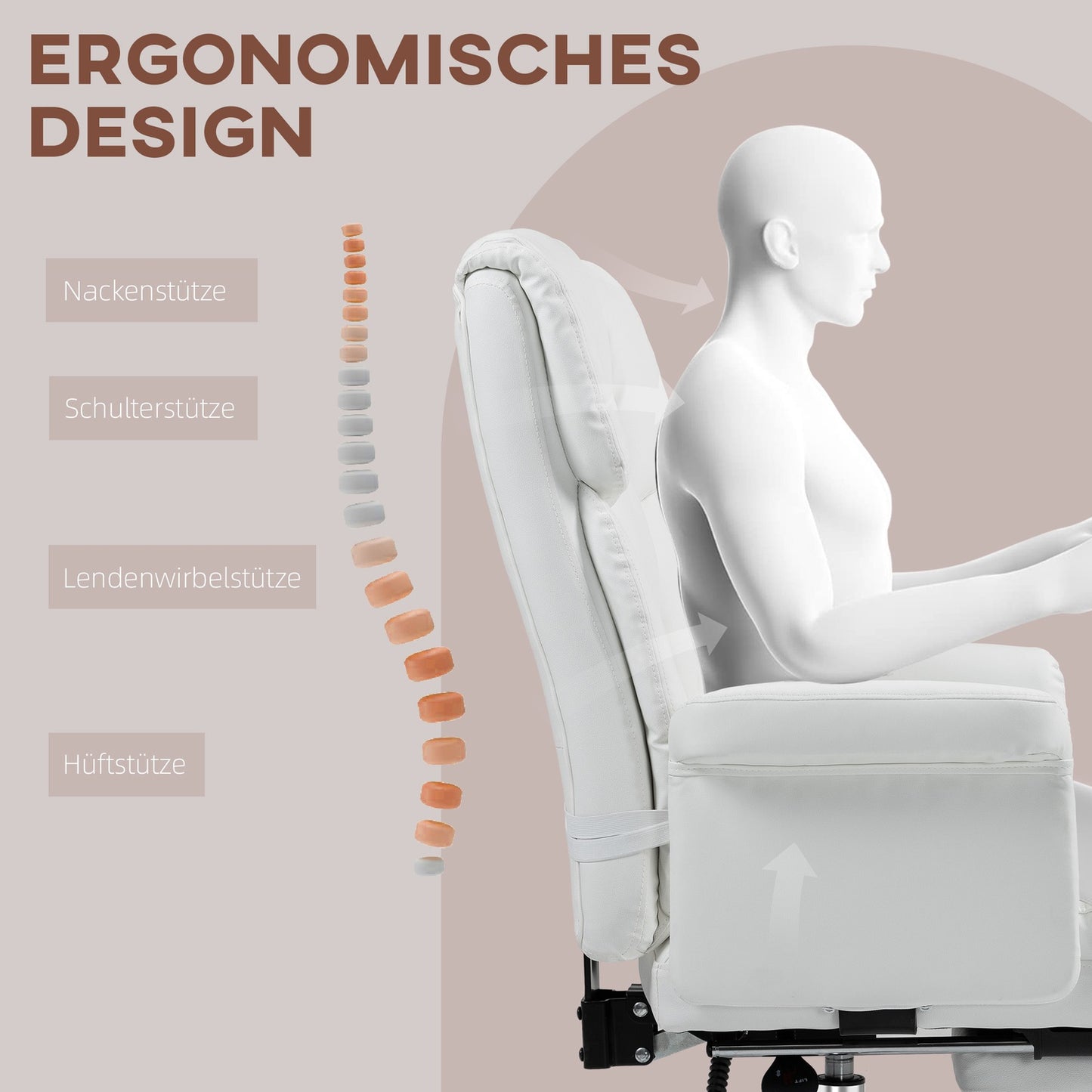 Ergonomic white office chair, reclining & swivel, lumbar support