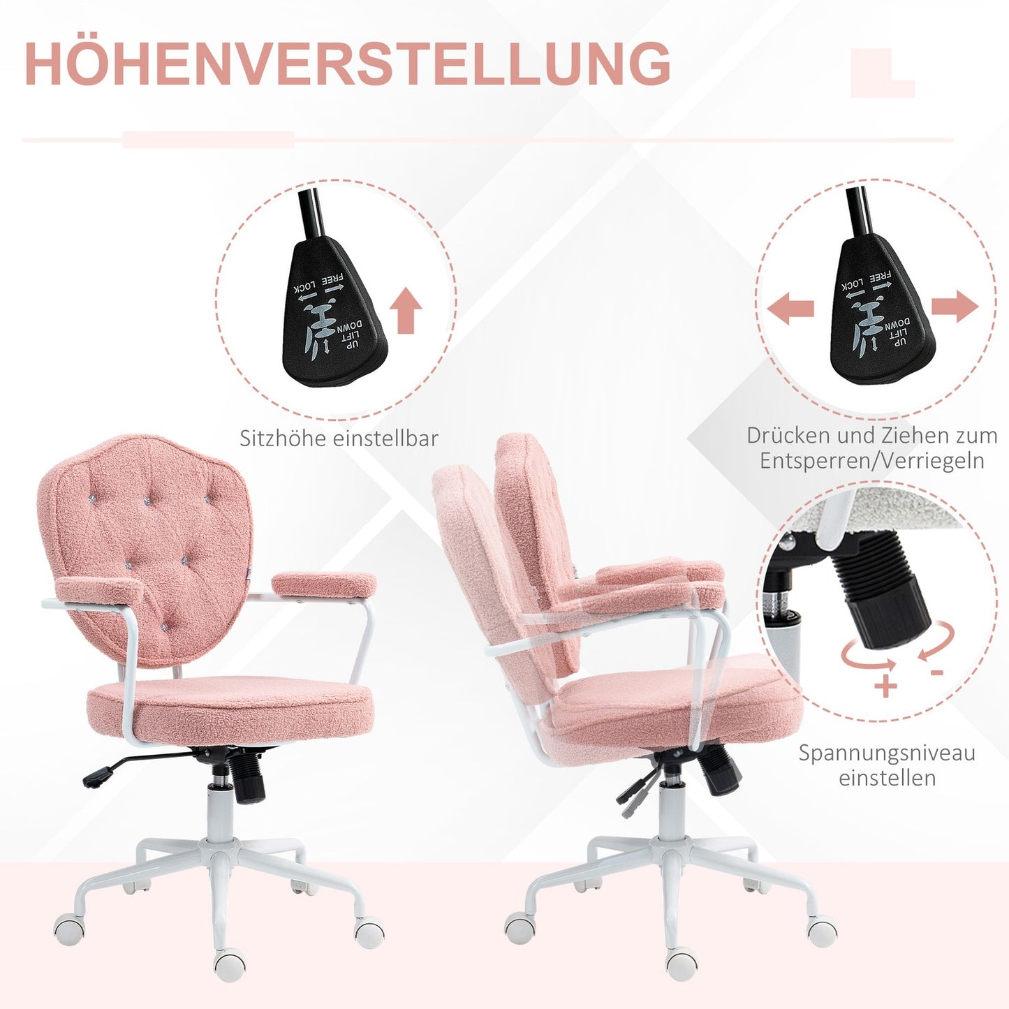 Ergonomic pink office chair, Teddy Fleece, height adjustable