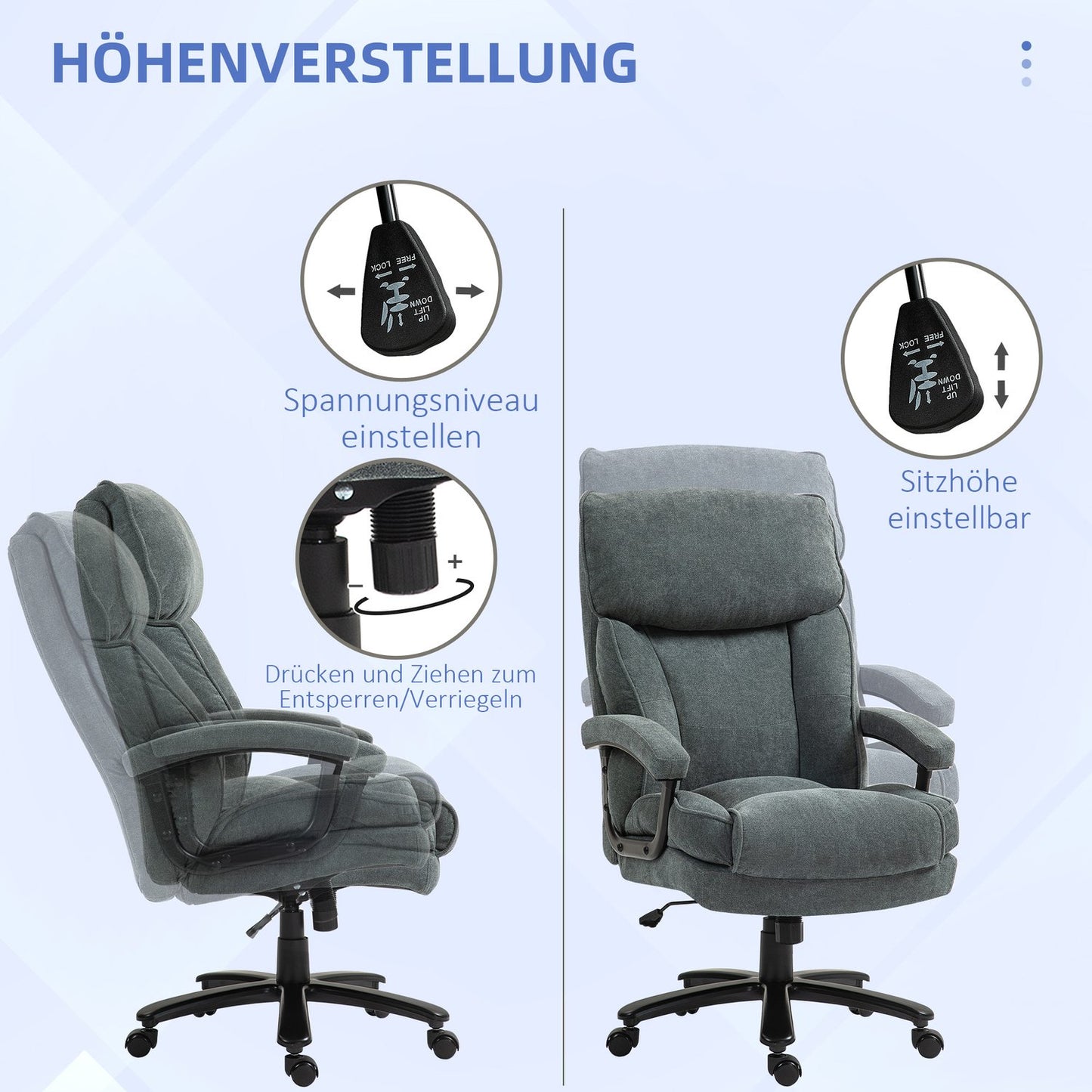 Ergonomic gray office chair, linen look, height adjustable