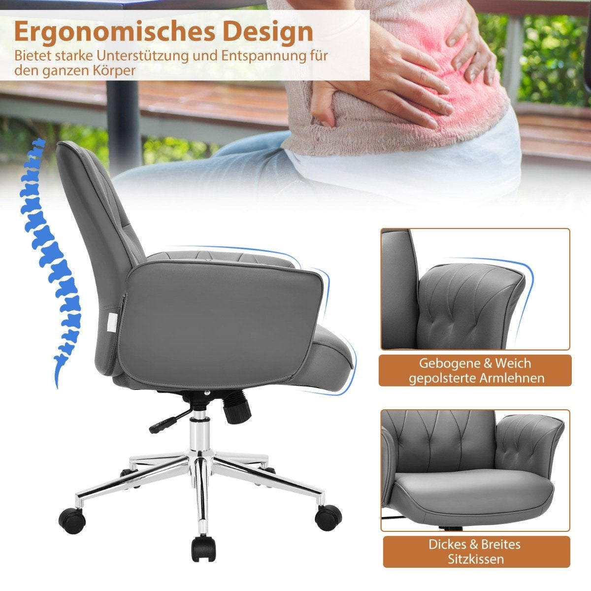 Office chair faux leather ergonomic desk chair height-adjustable swivel chair gray