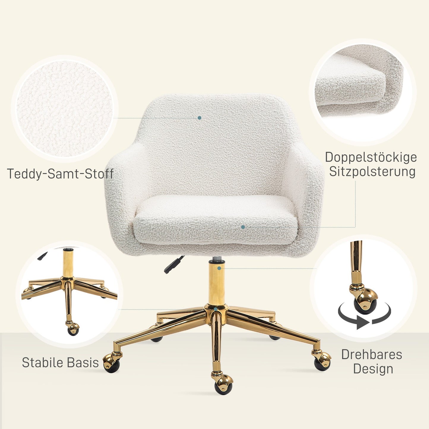 Height-adjustable office chair in velvet, swivel, cream white