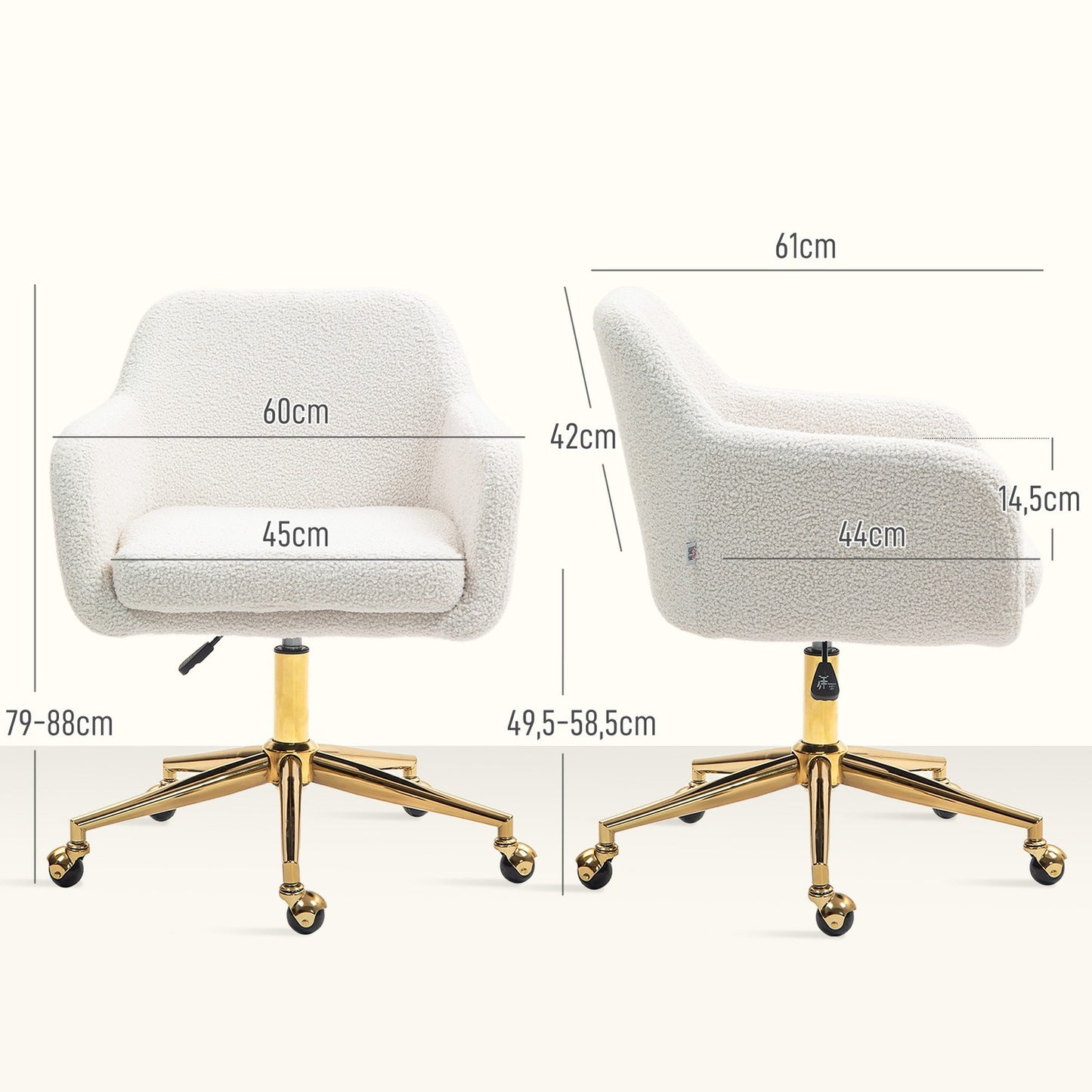 Height-adjustable office chair in velvet, swivel, cream white