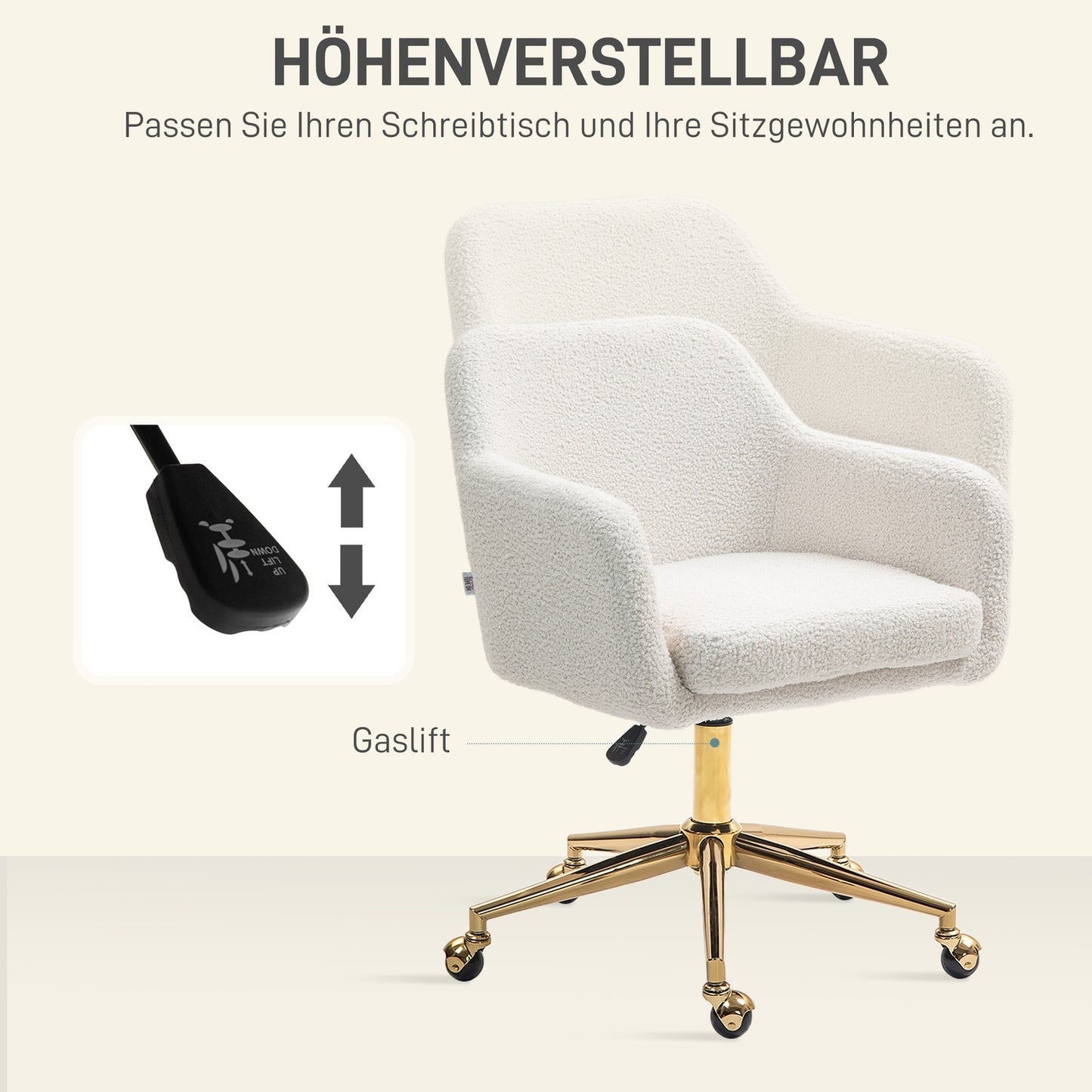 Height-adjustable office chair in velvet, swivel, cream white
